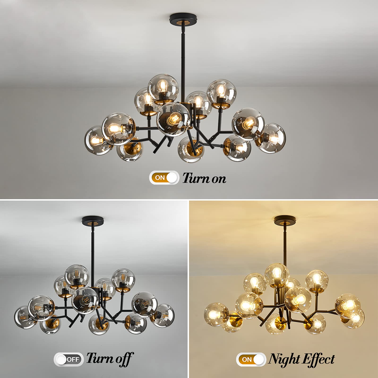 UOFUS 12-Light Glass Globe Sputnik Chandelier, Mid-Century Modern, Matte Black & Gold, Vintage Pendant Light for Bedroom, Living Room, Kitchen