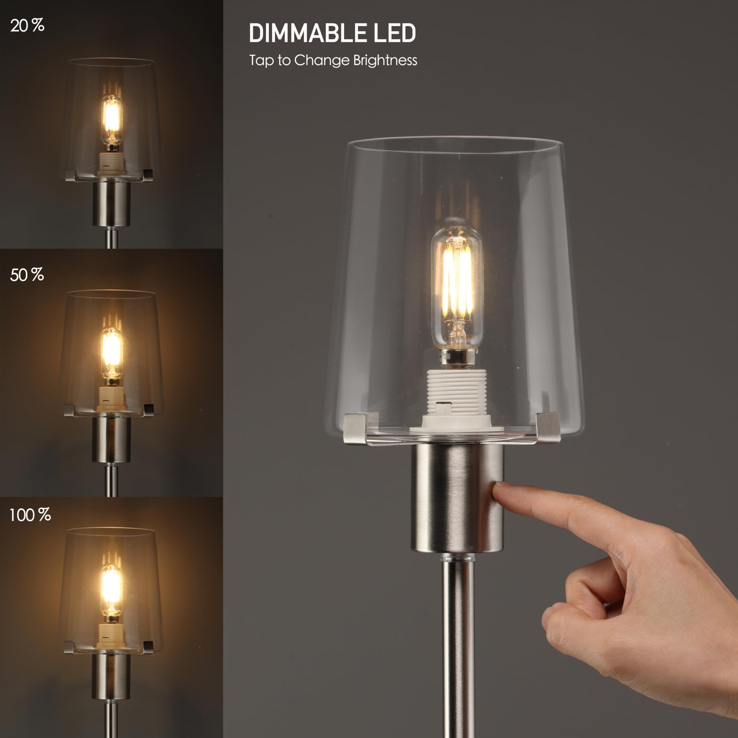 OBright Dimmable LED Floor Lamp, Touch-Control, 66.5-Inch, Brushed Nickel, Model OB-FL29G, Clear Glass Shade