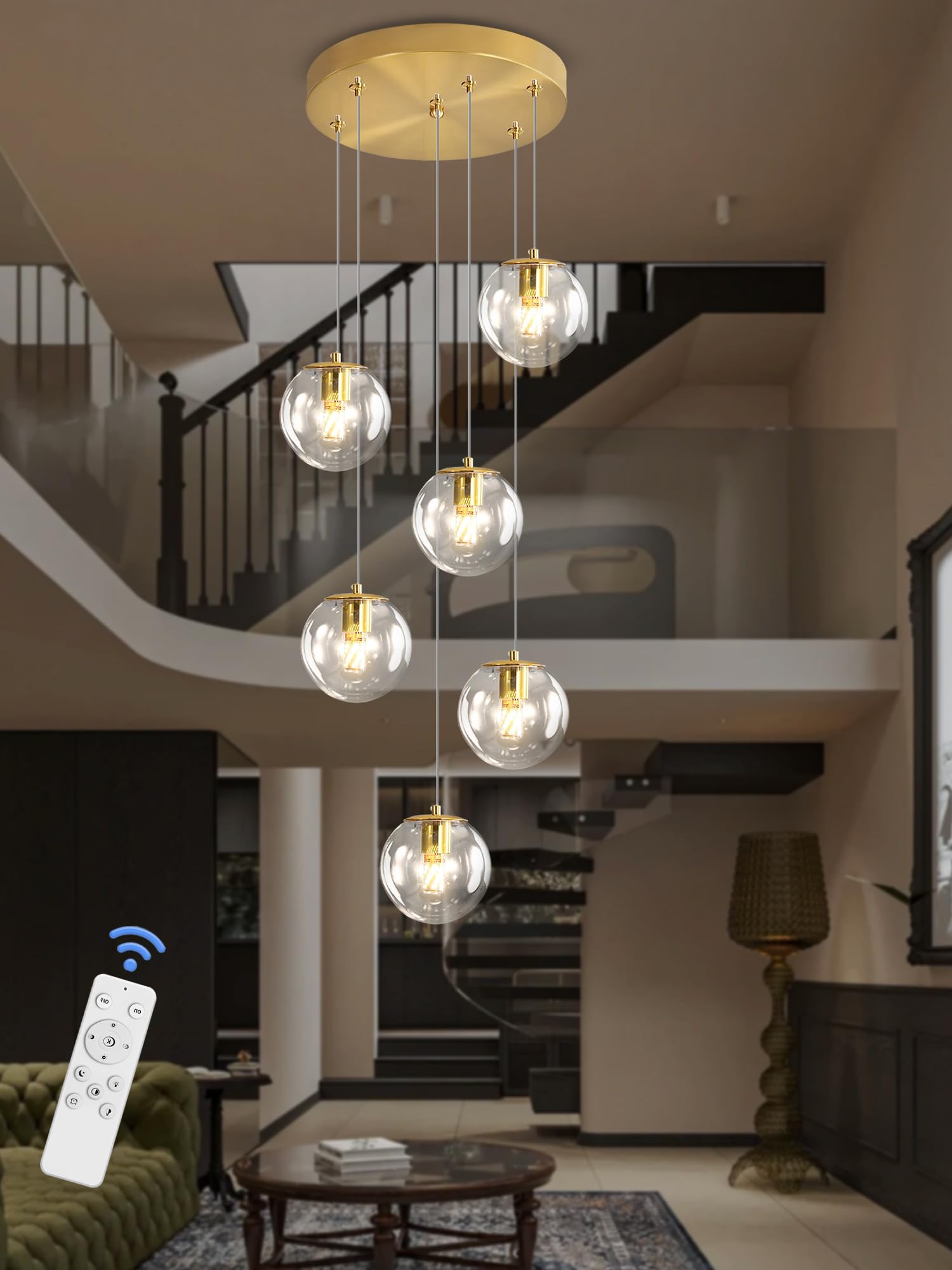 Ykolupty 6-Light Led Staircase Modern Glass Globe Pendant Light Gold Chandeliers Large Chandeliers For High Ceilings, Entryway L