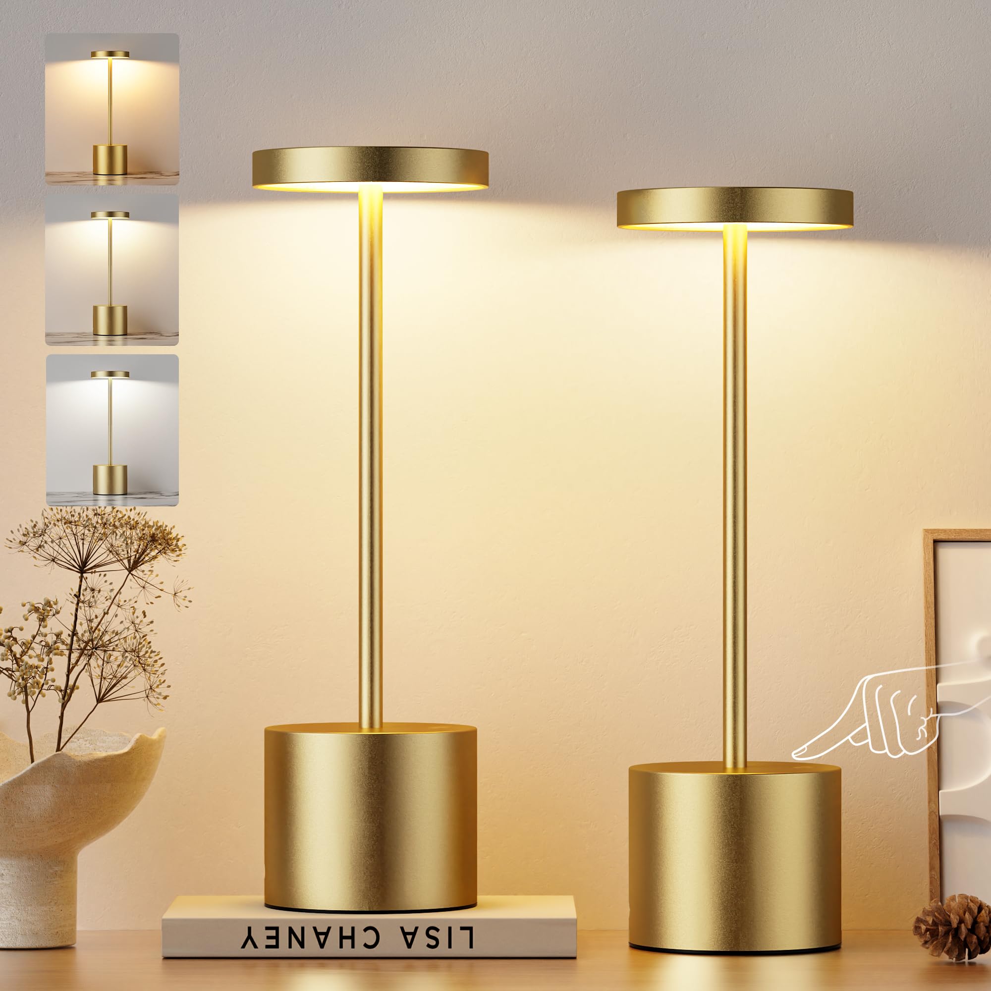 Kakanuo Gold Cordless Lamp, Rechargeable Lamp, Touch Control, 3 Color Temperature, LED Outdoor Wireless Lamp, Battery Operated L
