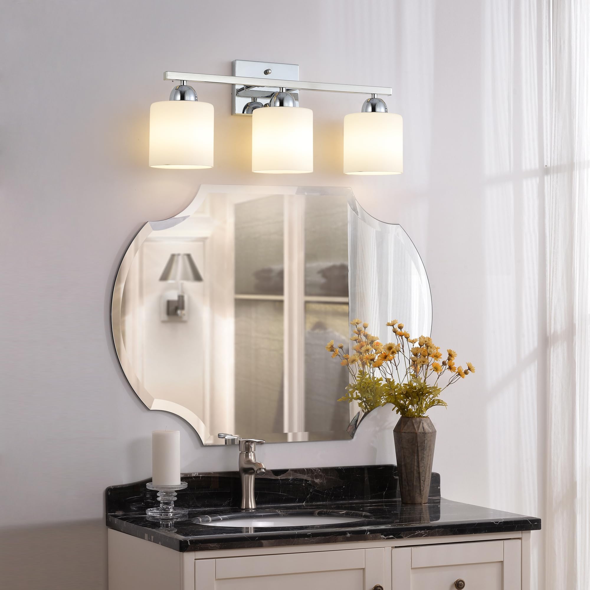 Mecgirn Stainless Steel 3-Light Bathroom Vanity Light, Silver Chrome with Frosted Glass, Model B0003-3-Chrome