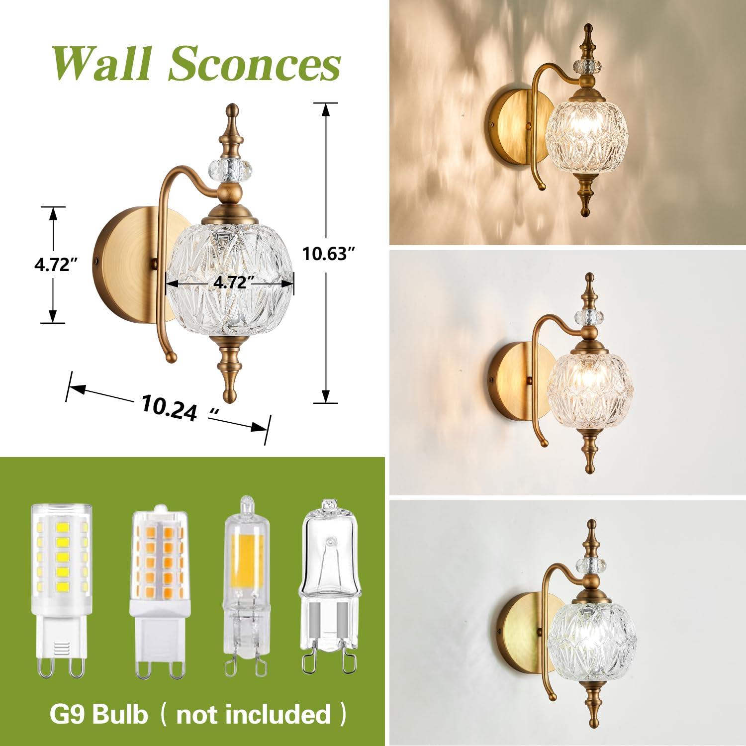 Tlolgt Vintage Bathroom Wall Sconces, 1-Light Wall Light Fixtures With Crystal Glass Shade Retro Bathroom Vanity Light Fixtures