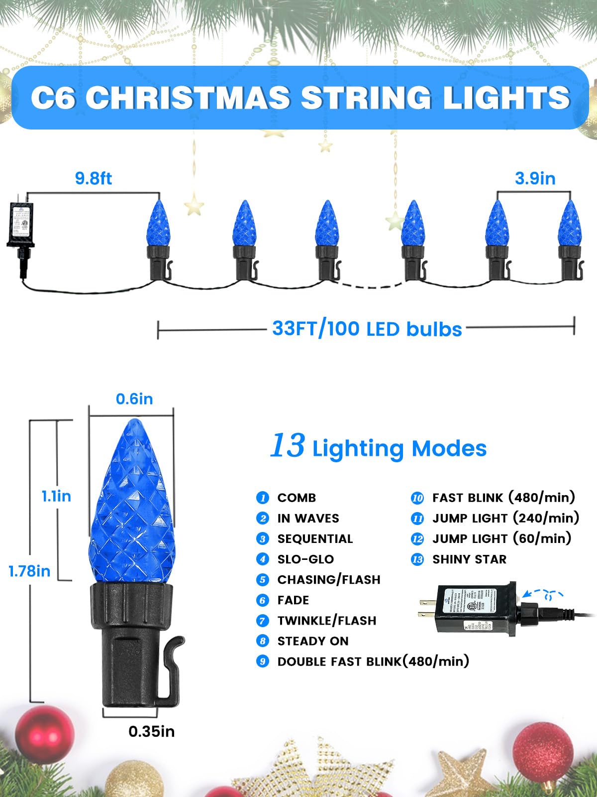 2 Pack C6 Christmas Lights Outdoor Indoor  Total 200 Led 66 Ft Connectable Christmas String Lights With Timer & 13 Modes  Waterproof Twinkle Light For Xmas Tree Yards Party Wedding Decorations (Blue)