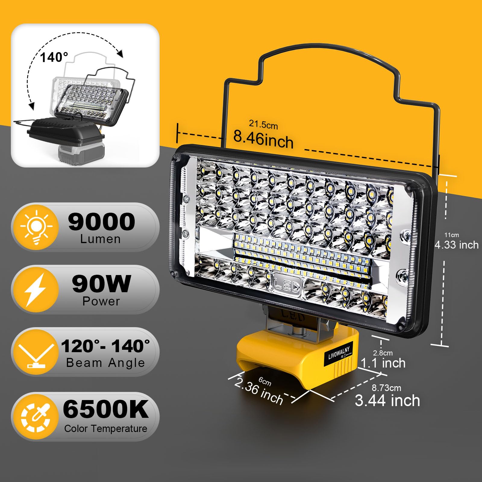 Cordless 20V Max Led Work Light For Dewalt 20V Battery, Livowalny 90W 9000Lm 7'' Battery Worklight Led Flashlights Flood Light W