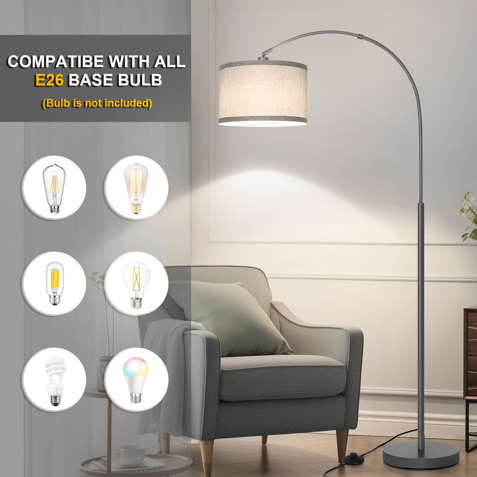 Arc Floor Lamp, Modern Floor Lamp For Living Room With Adjustable Lamp Head, Tall Pole Lamp With Gray Lampsahde And On/Off Pedal