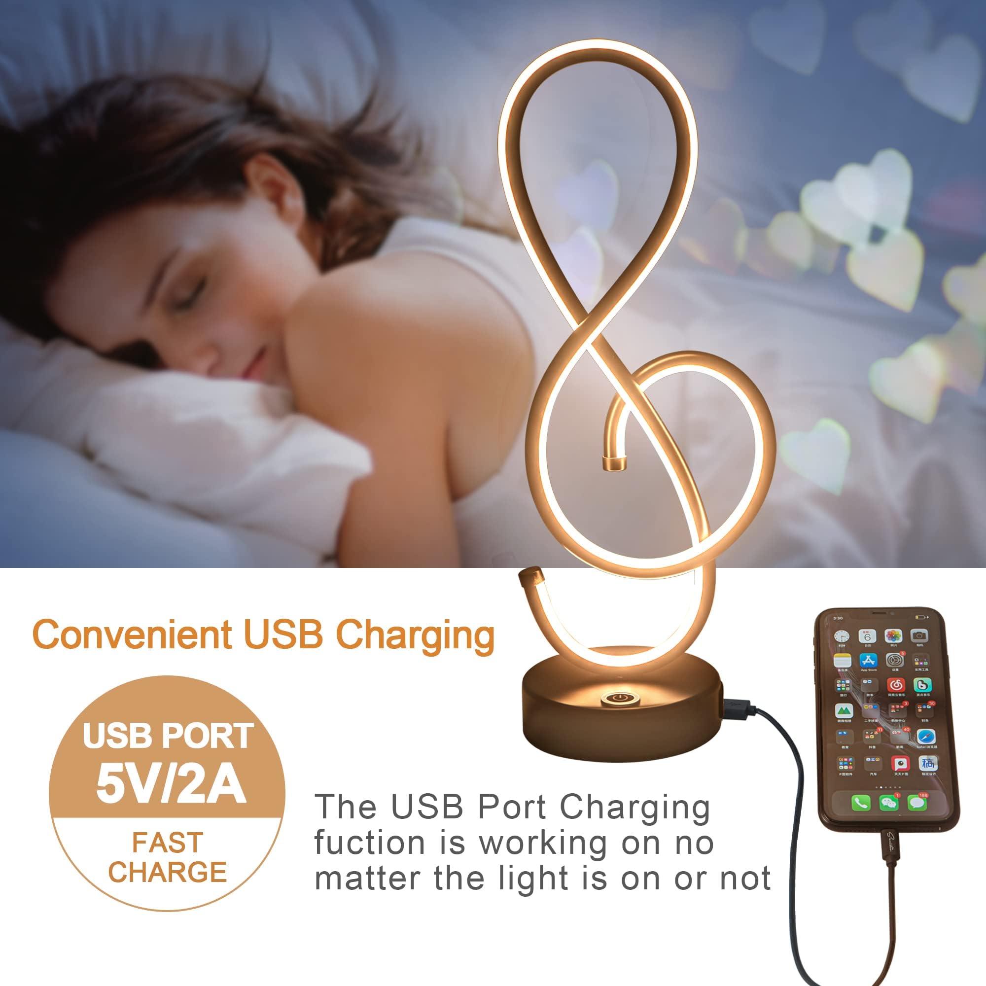 Adebime Modern Table Lamp, Led Bedside Lamp With Usb Port, Touch Stepless Dimmable Nightstand Light, Unique Musical Note Design,