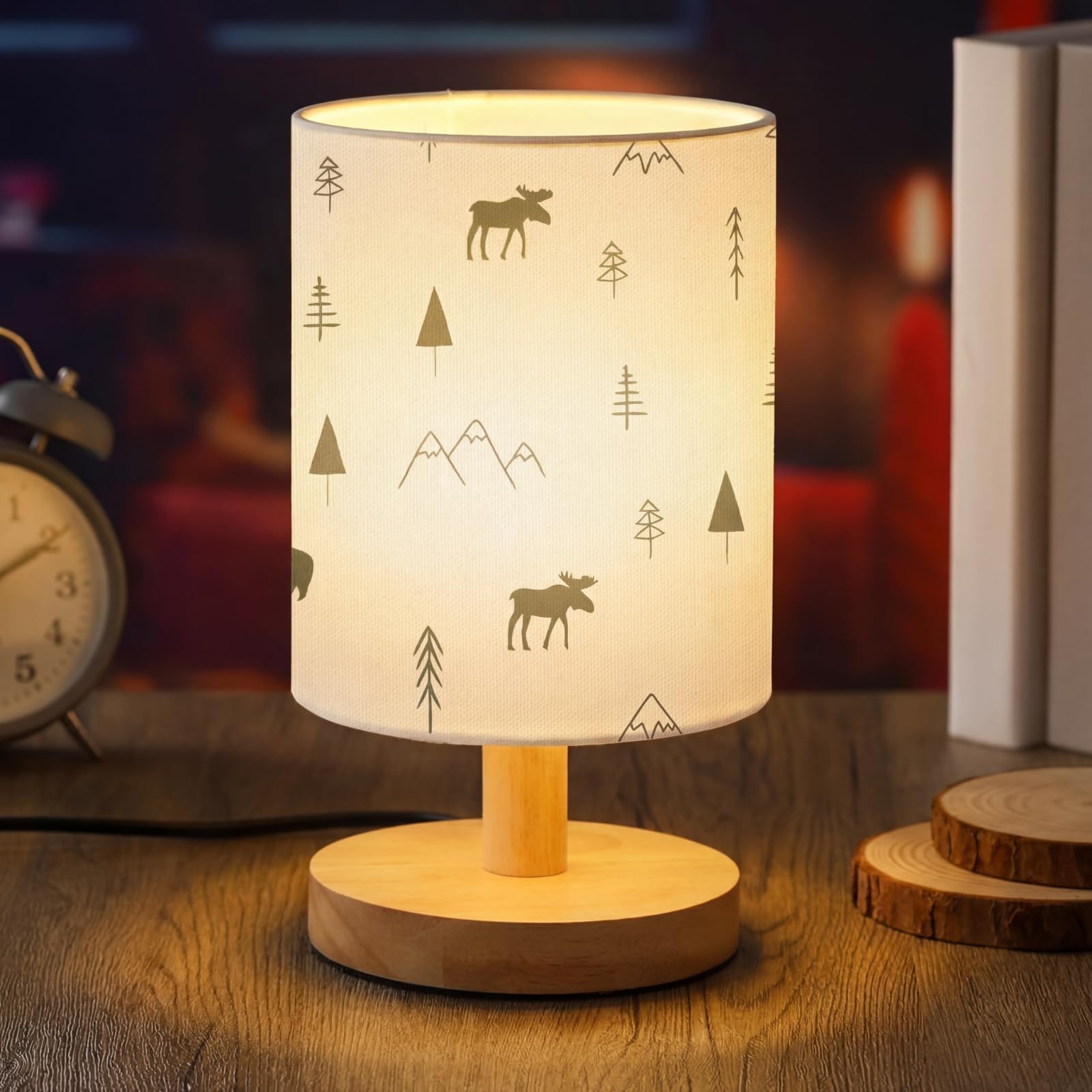 VIHOSE Forest Animals Bedside Table Lamp Vintage Nightstand Lamp with Linen Fabric Shade Solid Wood Base Decoration for Kids Liv