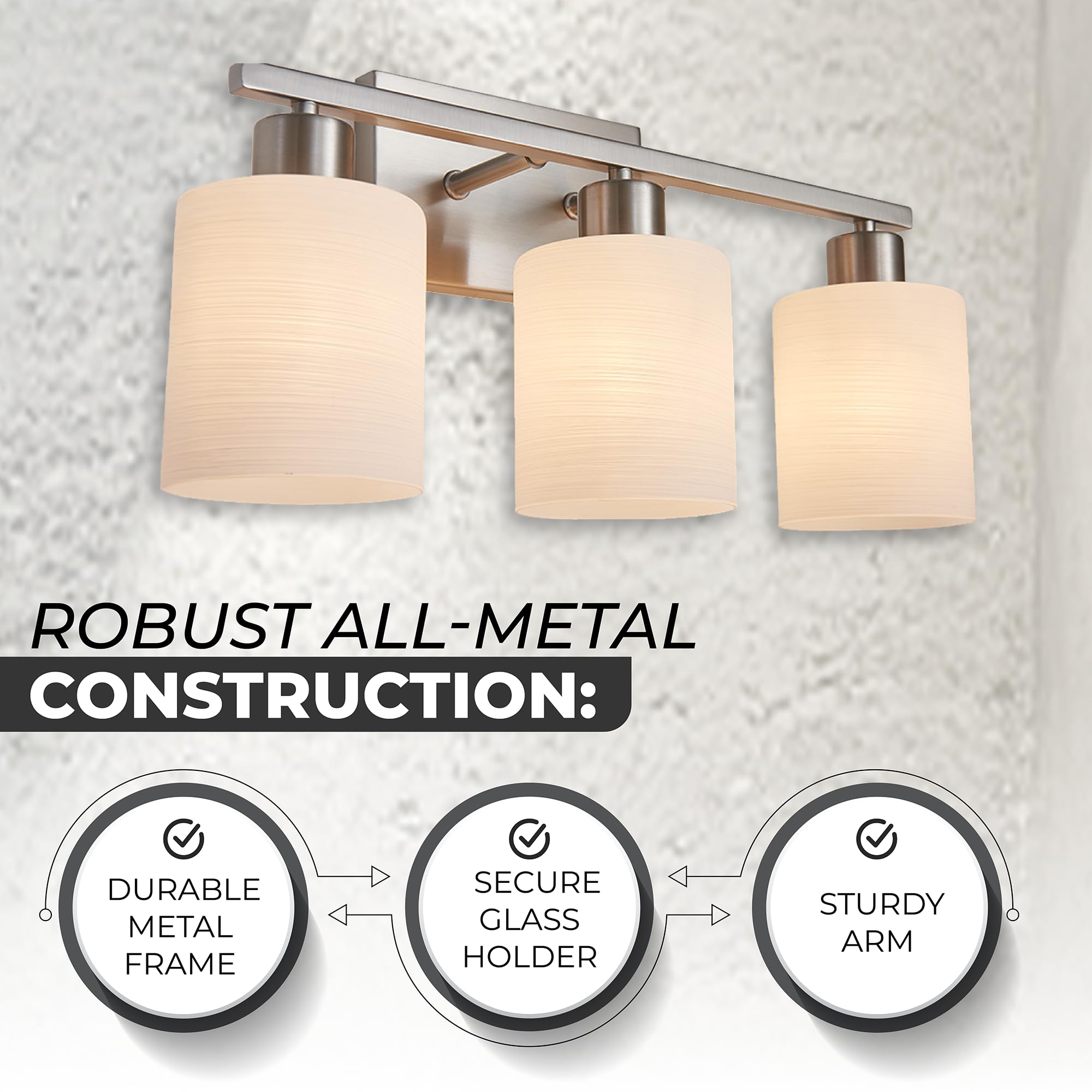 The Door Bull Modern Bathroom Vanity Light, Brushed Nickel, 3 Lights, Milky White Glass Shades, E26 Socket, Model VNT-1000