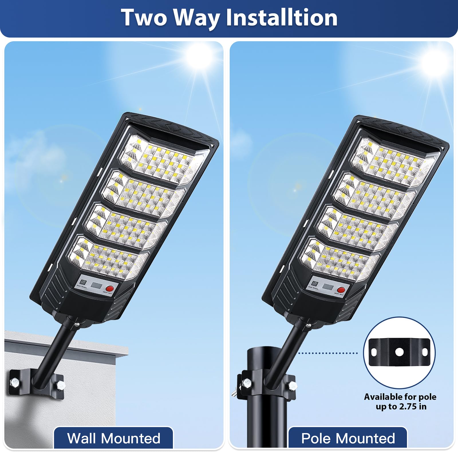 Yusist Solar Street Lights 2 Pack, 6500K LED Motion Sensor, Waterproof, Remote, Black, Model TL-155-2