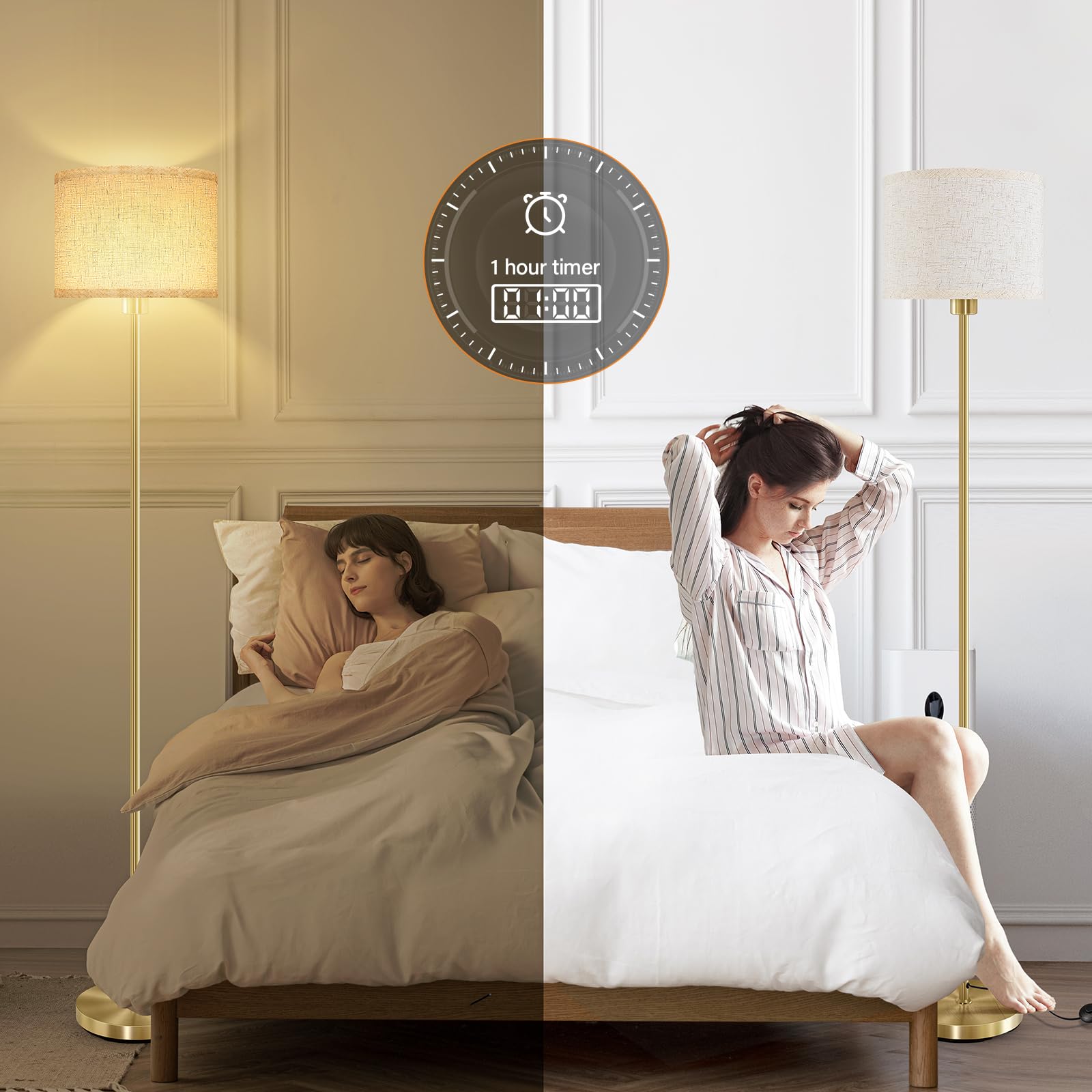 Bricosmocon Gold Floor Lamp, Stepless Dimmable, Remote Control, 2700K-6500K, 10W/1200LM, Modern Design for Living Room/Office