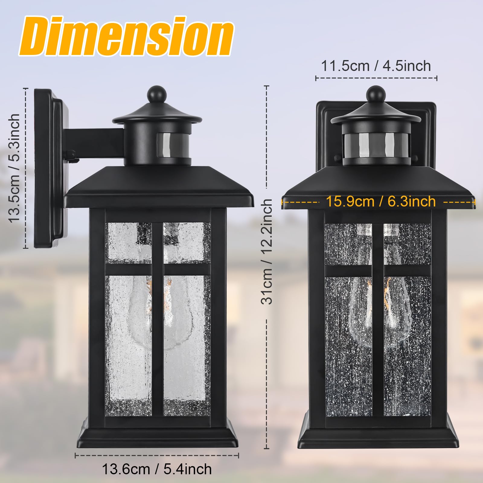 Brilvibera Motion Sensor Outdoor Wall Lights 2-Pack - Black Waterproof Dusk to Dawn Fixtures with E26 Sockets