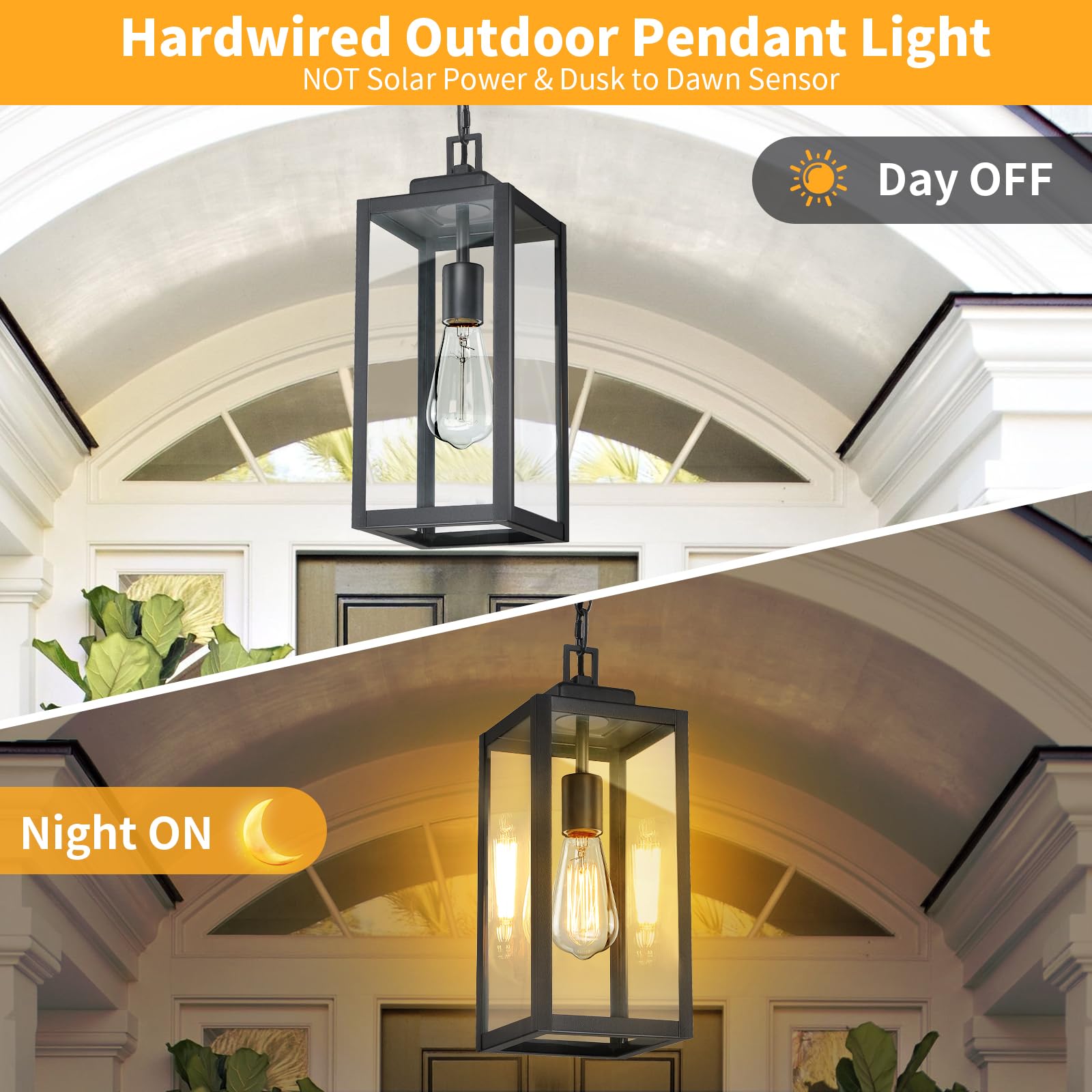 15'' Outdoor Pendant Light, Modern Outside Chandelier Outdoor Hanging Lantern Light, Matte Black With Clear Glass, Exterior Pend