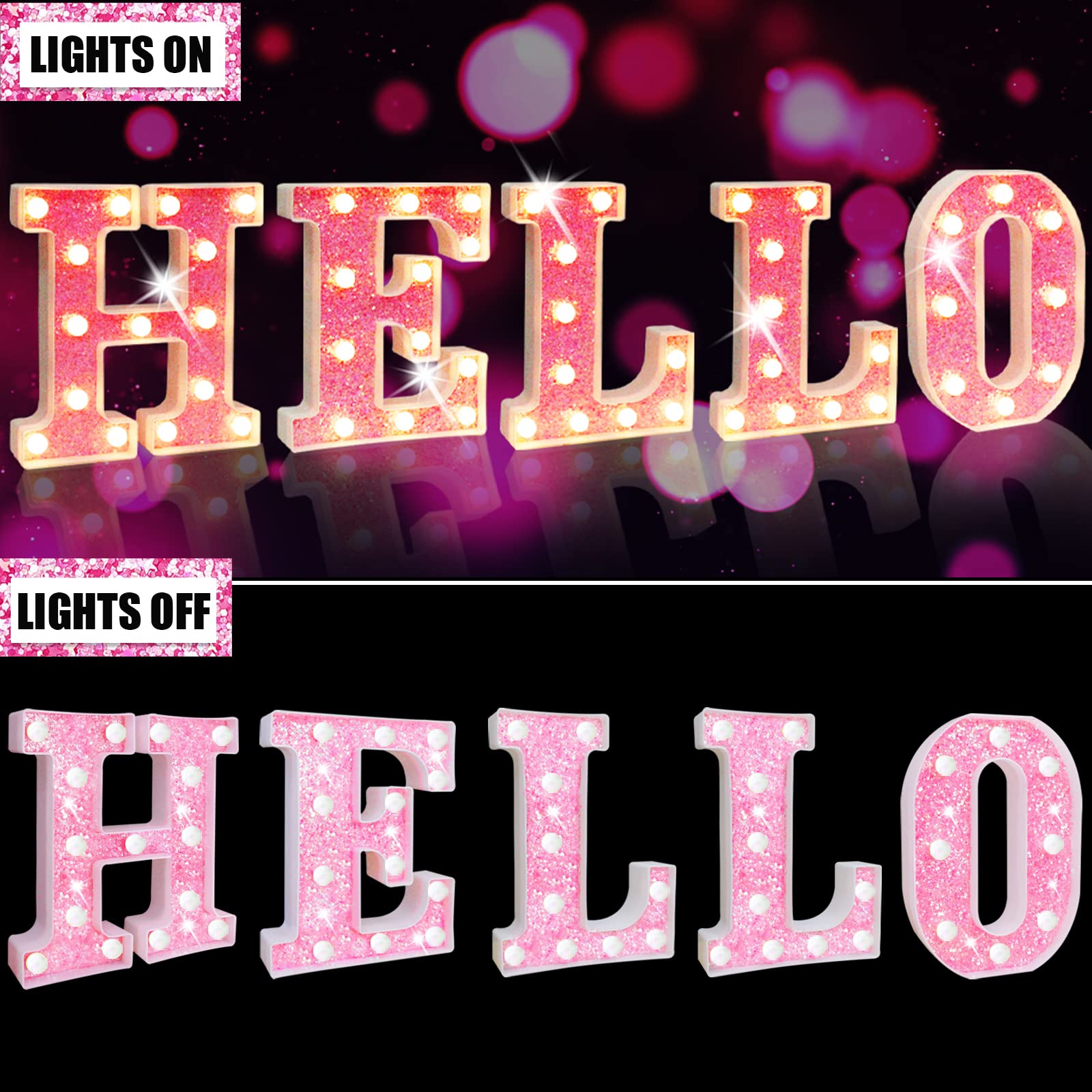 Elnsivo Light Up Letters Pink LED Marquee Sign for Girls Bedroom, Battery Powered, Glitter Alphabet Lights
