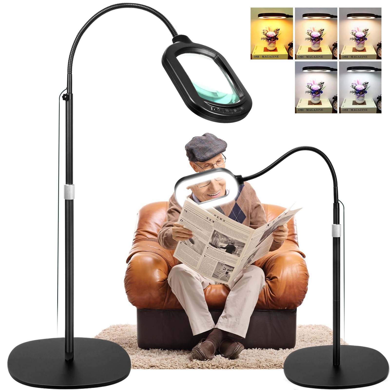 Large Magnifying Glass with Light and Stand, 10X Rectangle Optical Real Glass Lens, Height Adjustable Gooseneck Magnifier Floor 
