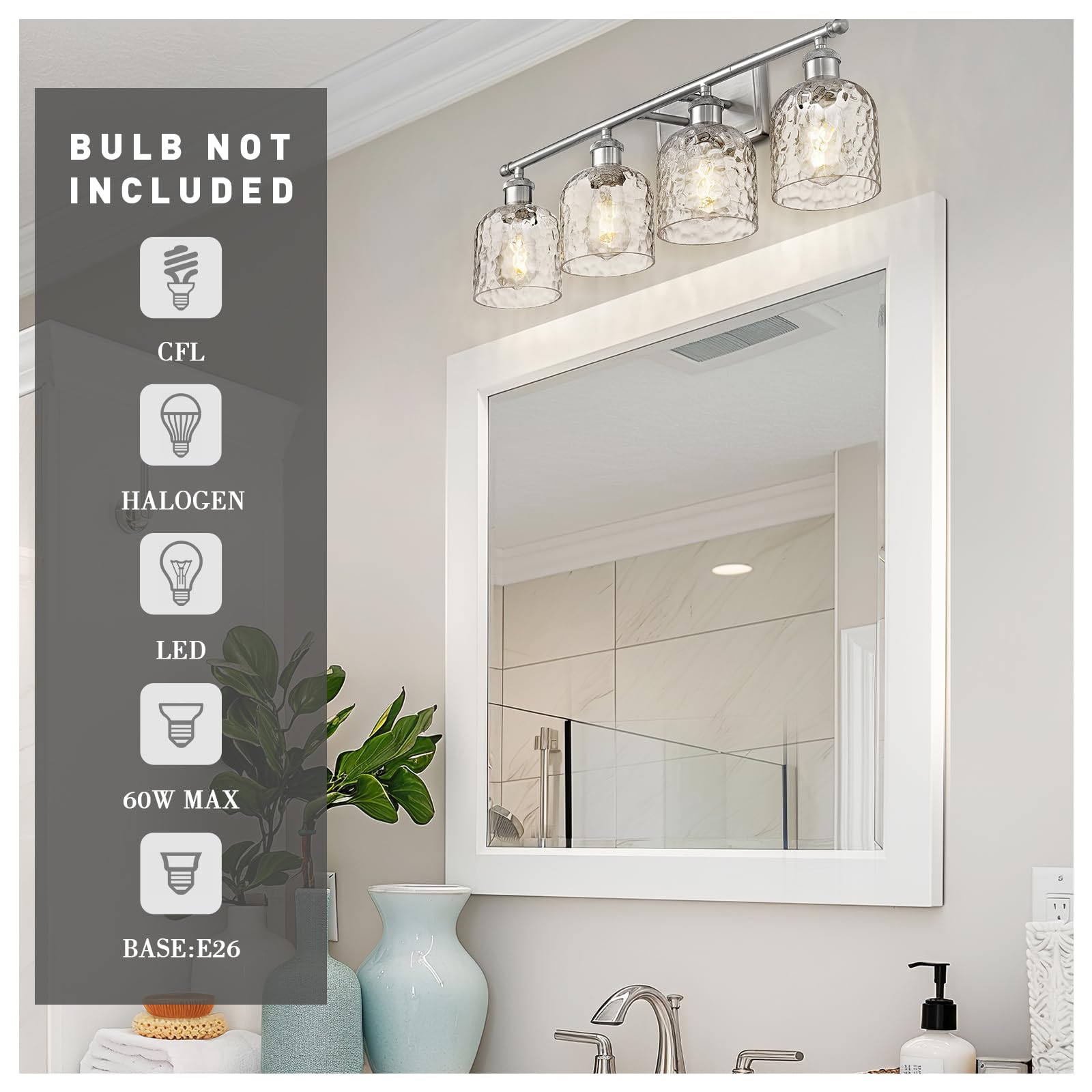 Zeyu 27 Inch Bathroom Wall Light Over Mirror, 4-Light Vanity Lighting Fixture, Brushed Nickel Finish With Clear Hammered Glass,
