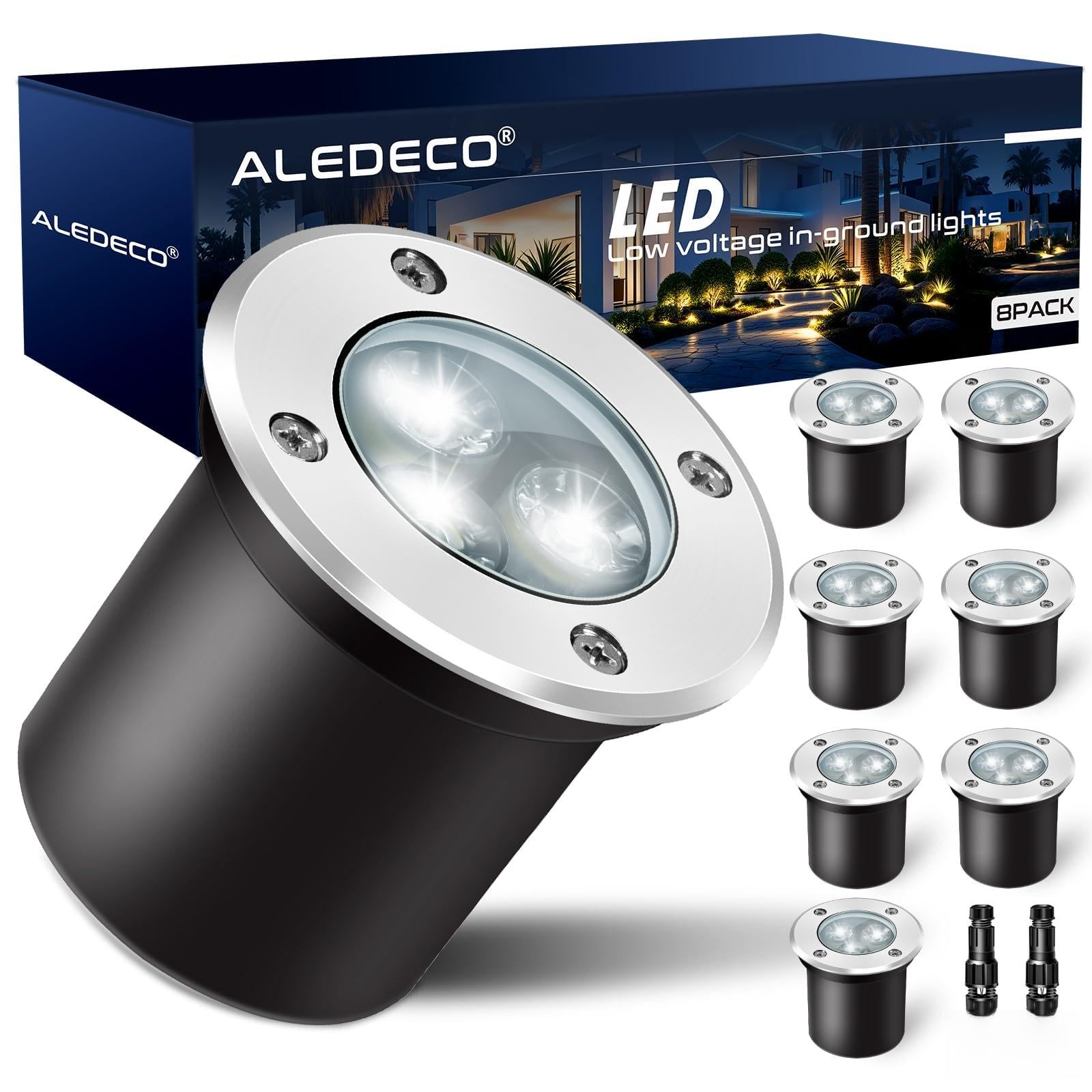 ALEDECO 8Pack Low Voltage Landscape Lights with Connectors 3W LED 12-24V In-Ground Lights IP67 Waterproof Garden Lighting 6500K Outdoor Decorative Lights for Yard Pathway Patio (Cool White)