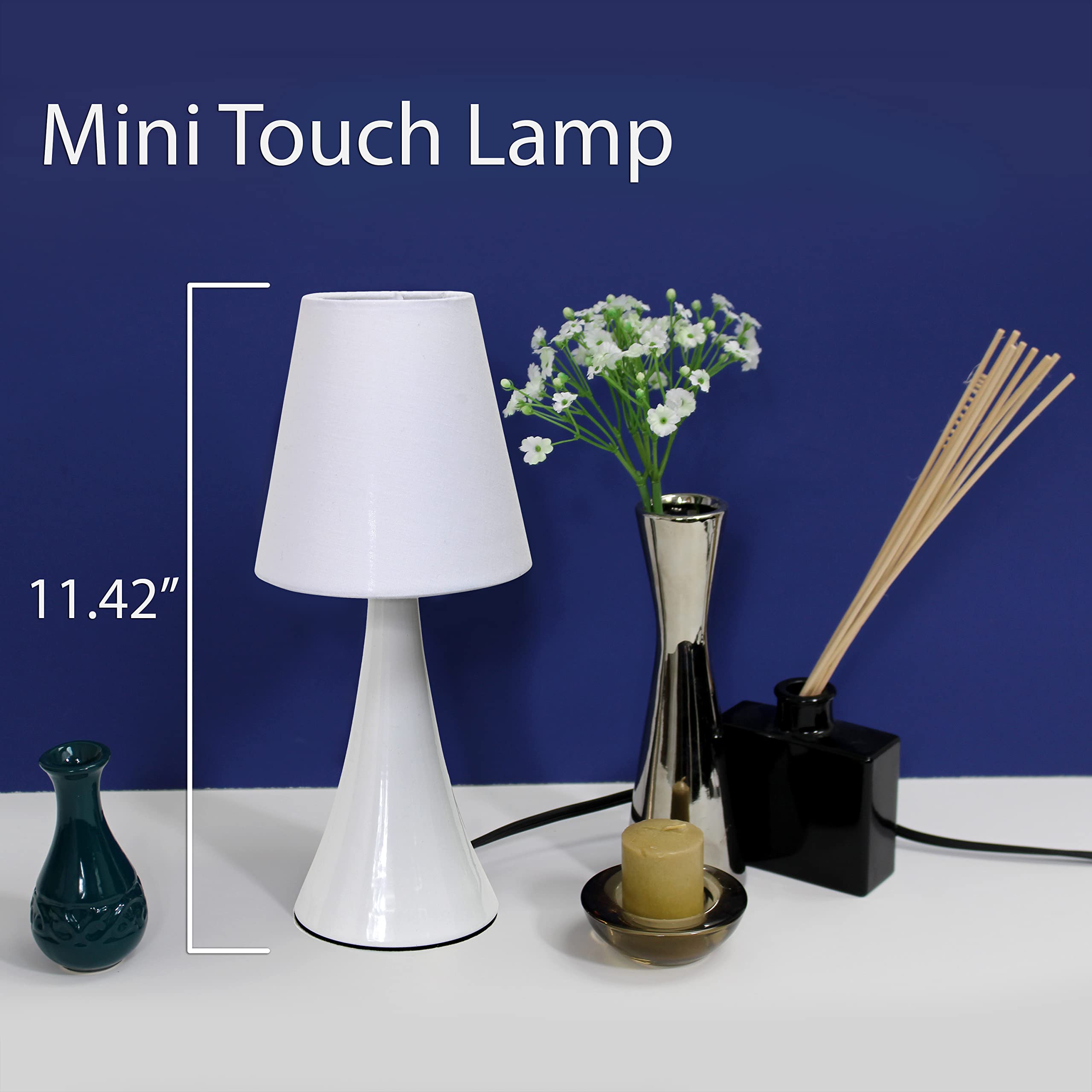 Simple Designs Lt2042-Wht-2Pk 12" Valencia 2 Pk Contemporary 4 Settings Touch Metal Mini Tapered Table Lamp Set With Fabric Shades For Nightstand, End Table, Bedroom, Office, White