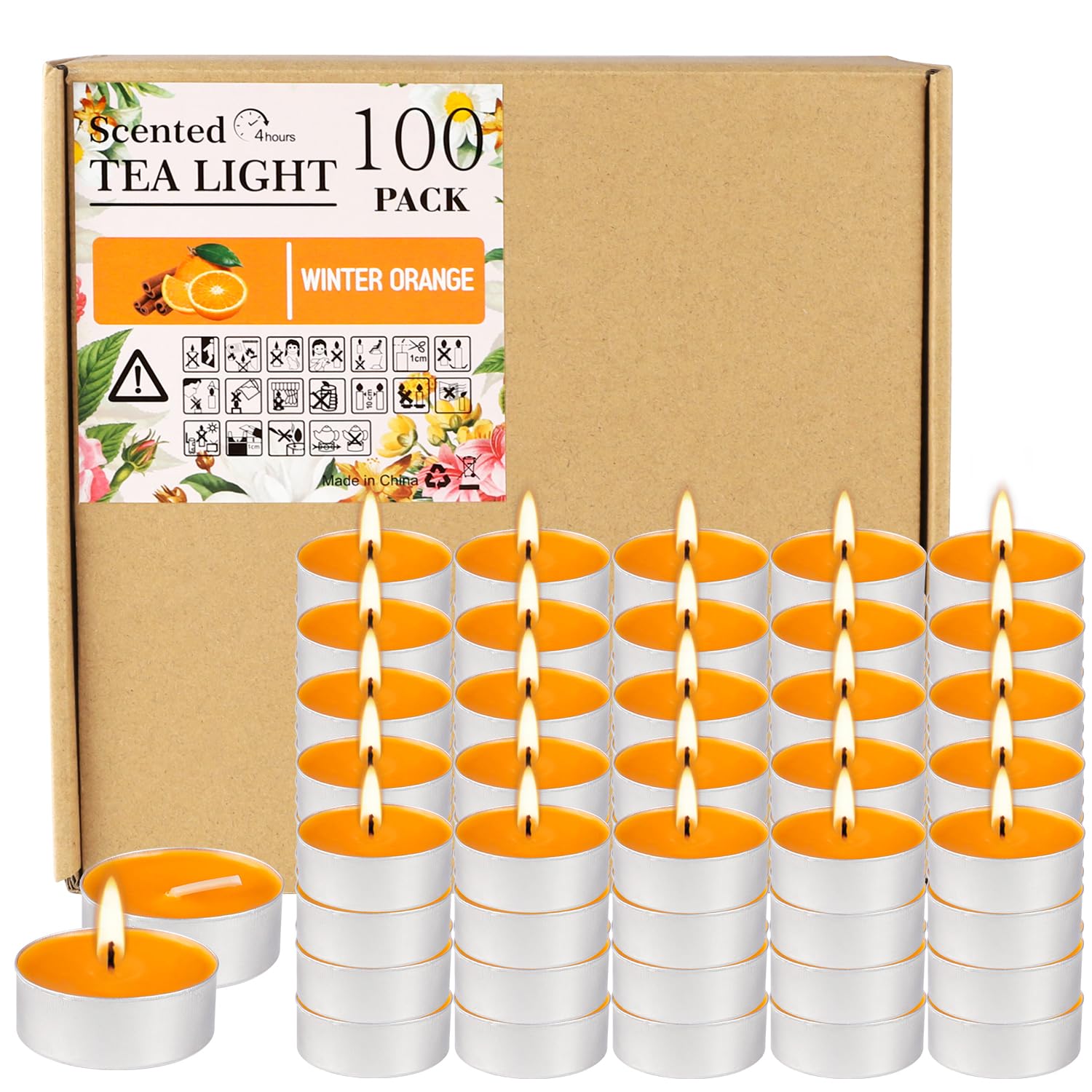 100 Pack Scented Tealight Candles 4 Hours, Winter Orange Aromatherapy Candles for Votive Home, Wedding Holiday and Emergency (Or