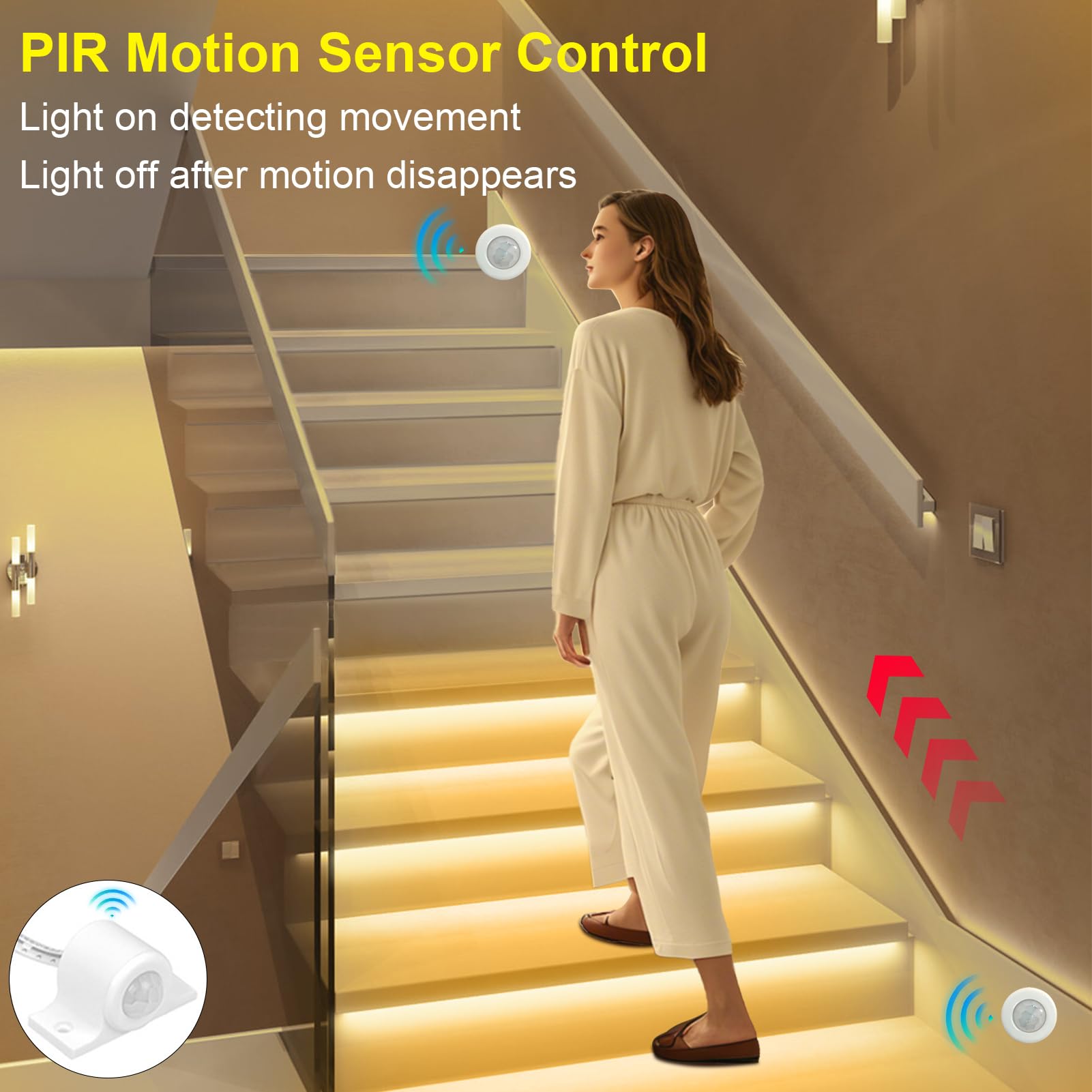 MALIIGAZA Intelligent Motion Sensor LED Stair Light Kit, 47.2" Cuttable LED Strip, 3000K, Remote Control, Model STEP-09-20S-WW-