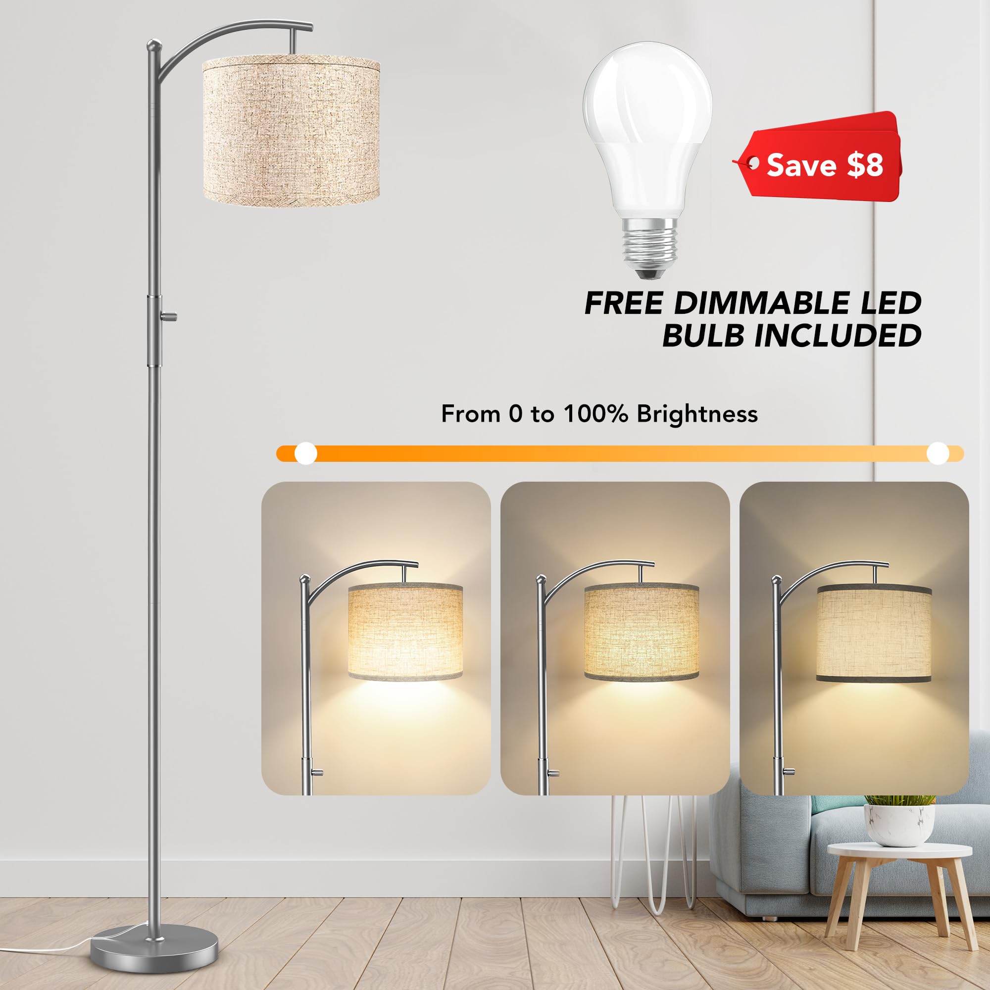 Rottogoon Dimmable Floor Lamp, Arc Floor Lamps For Living Room, Stepless Dimming Modern Standing Lamp With Linen Shade, Tall Lam