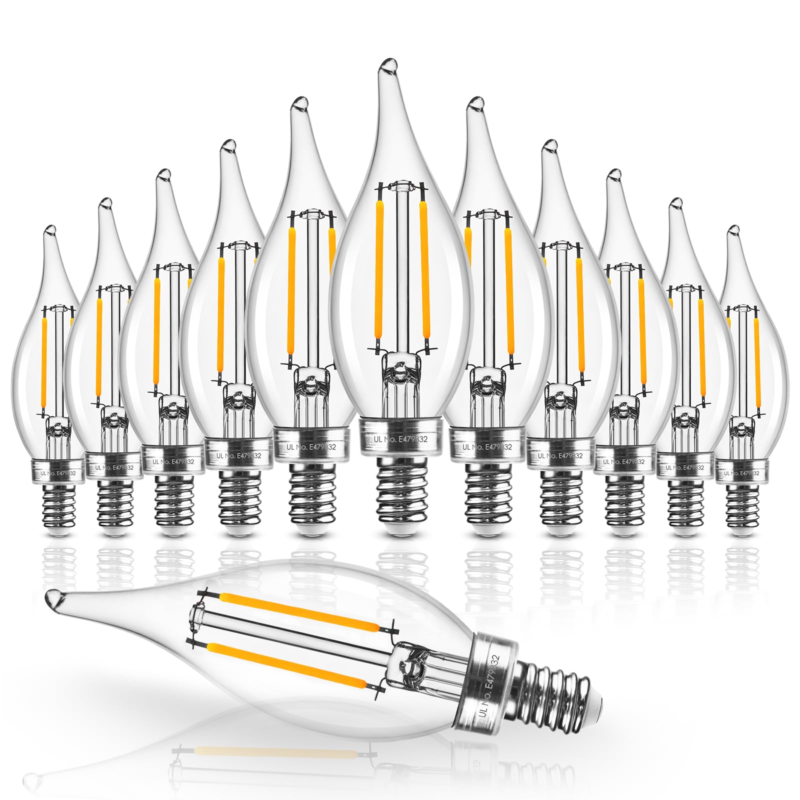 Hizashi E12 Candelabra Bulbs 40 Watt Equivalent, 90+ Cri E12 Led Bulb Dimmable Flame Tip Chandelier Light Bulbs, 4W 450Lm 2700K 