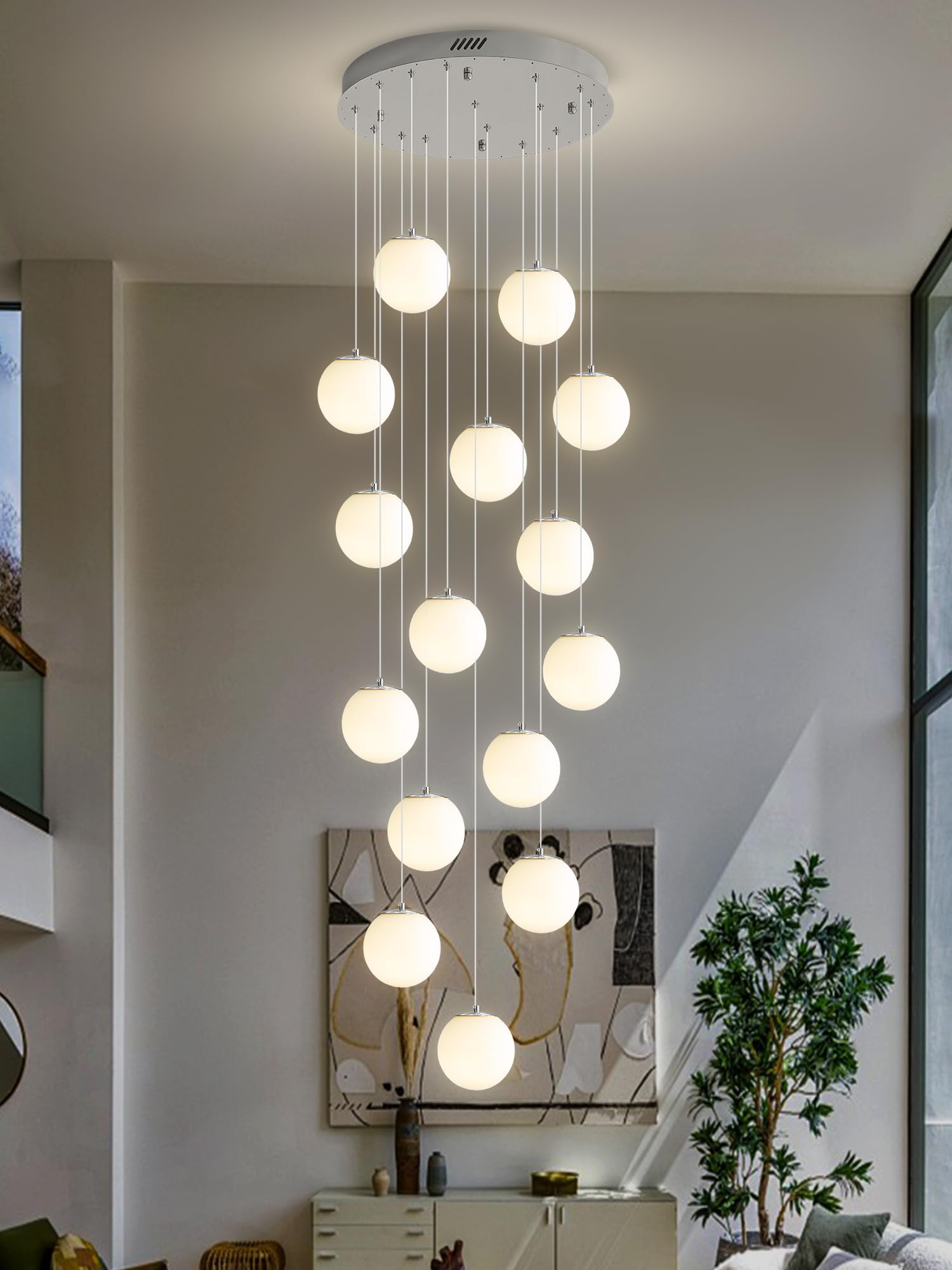 Ykolupty 15-Light Large Chandelier With White Globe Glass Dimmable Ceiling Light Glass Pendant Light For Kitchen Island, Dining