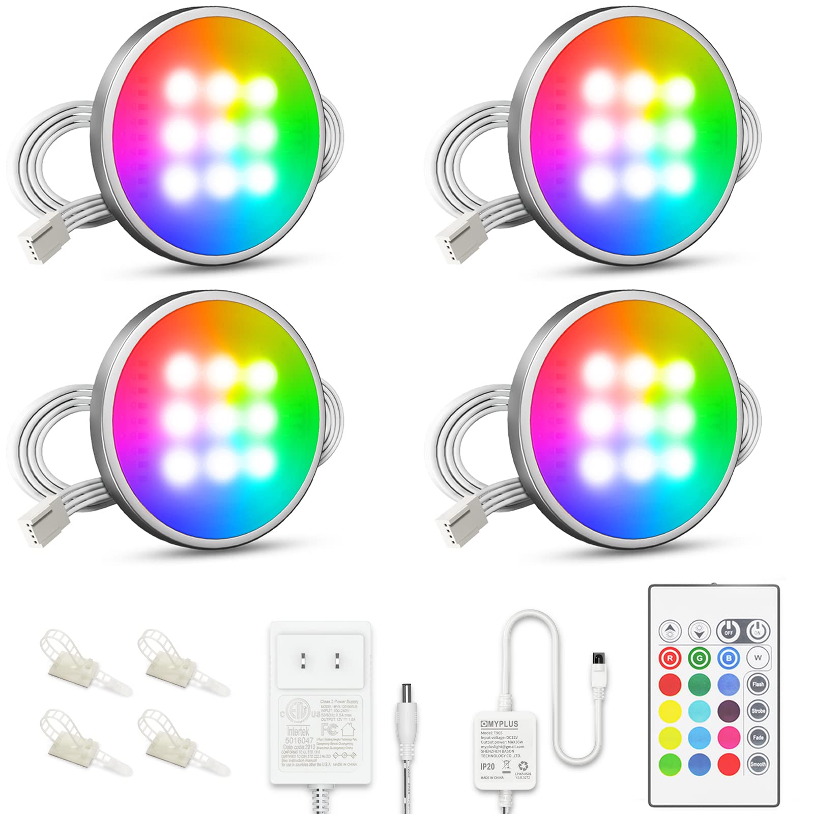MYPLUS Under Cabinet RGB Puck Lighting Kit, 4 Remote Control Lights, 12V, Polycarbonate, Model MYPLUSCS102US01