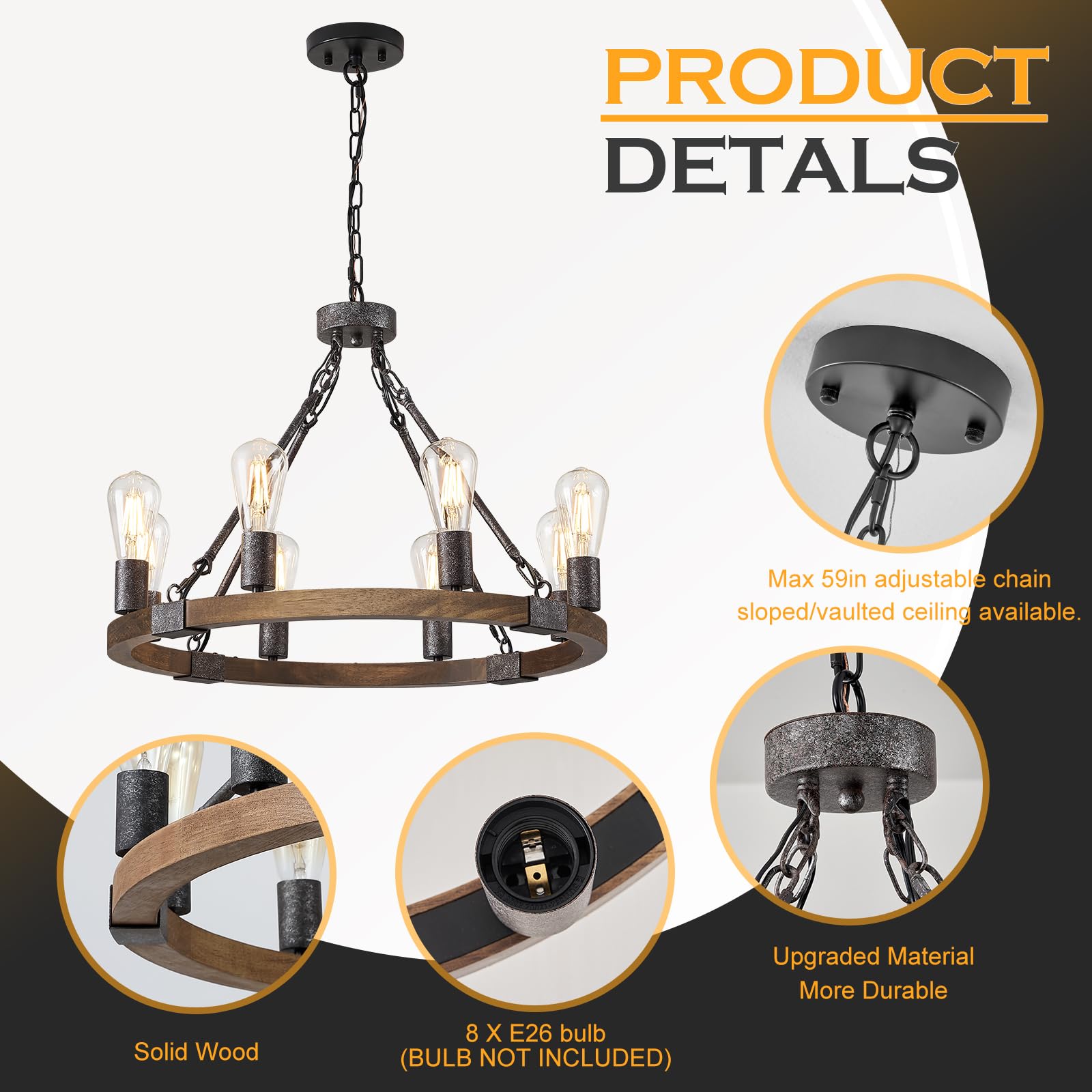 Benkut 23.6" Black Rustic Wagon Wheel Chandelier, 8-Light Wood Fixture for Dining Room, Kitchen, Entryway, Model P62-8Z1