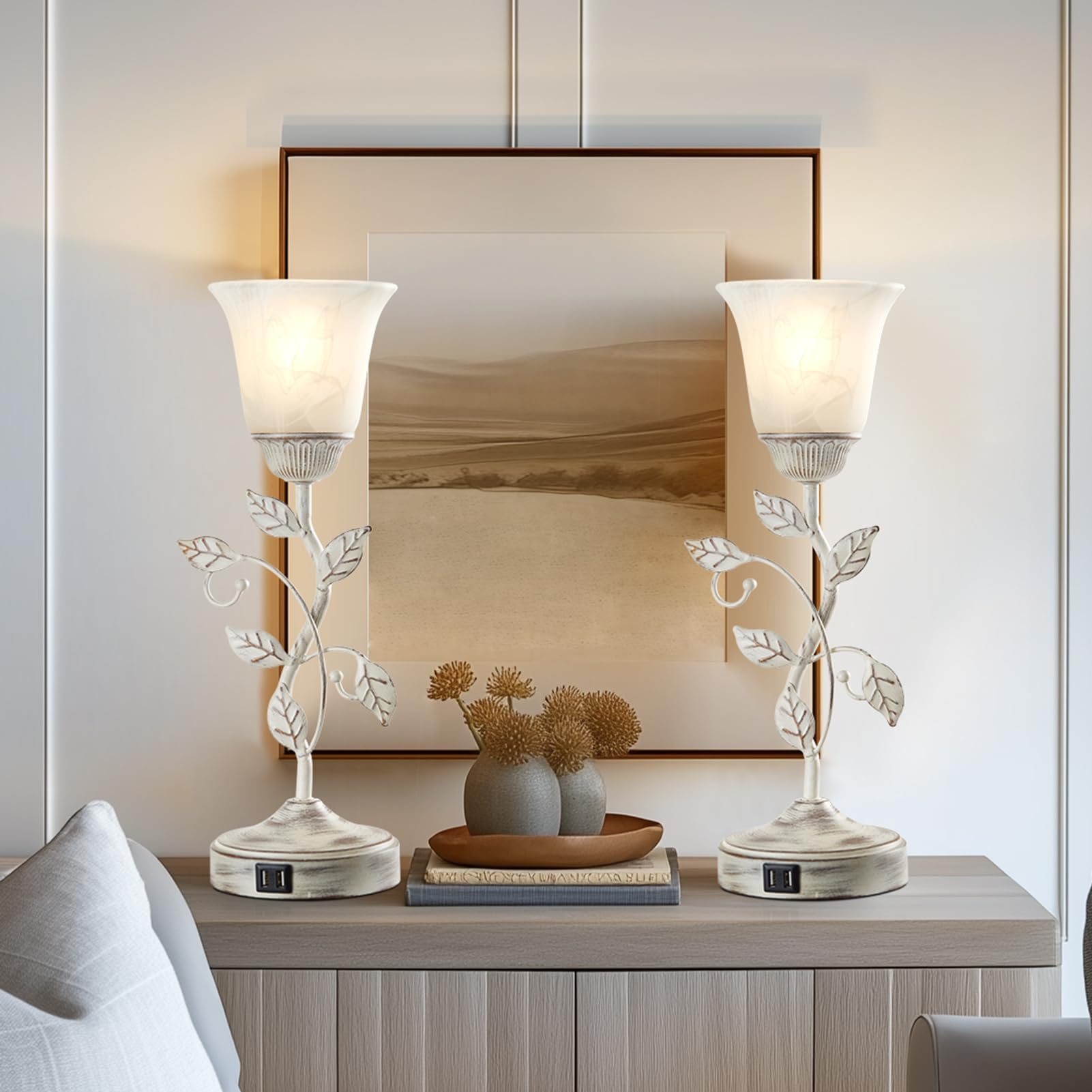 Roriano Set Of 2 Rustic Touch Table Lamps For Bedroom, 3-Way Dimmable Nightstand Flower Lamp With 2 Usb Ports, Retro White Glass