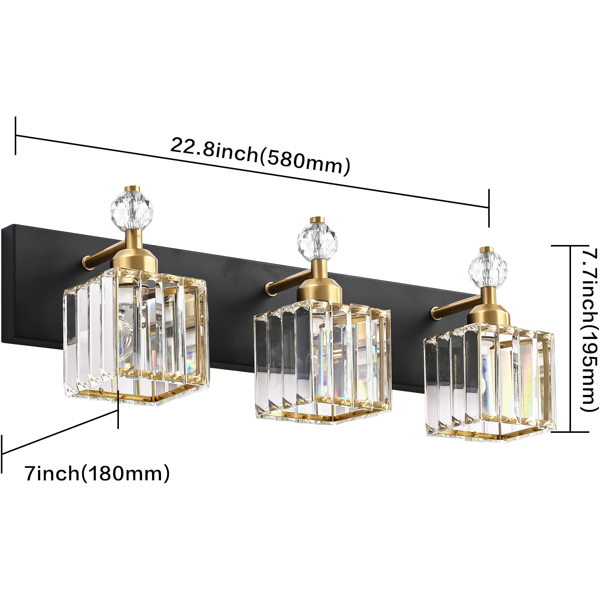 PRESDE Modern Crystal Bathroom Vanity Light 3-Lights Stainless Steel Black/Gold