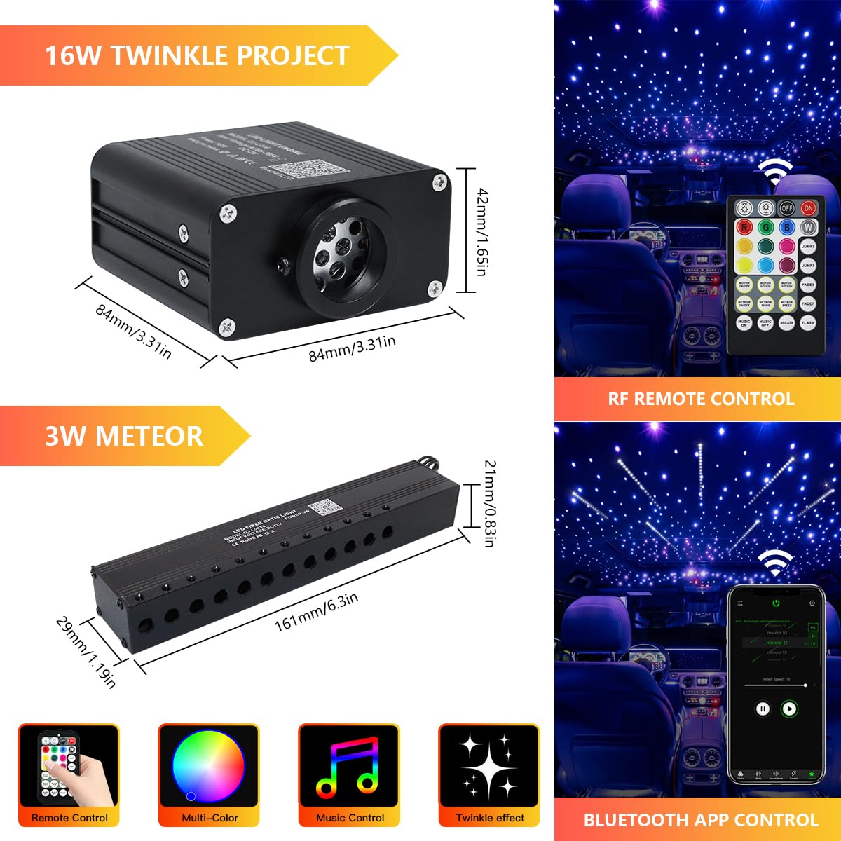 Car Starlight Headliner Kit, Shooting Stars + Twinkle + Sound Activate Rgbw Fiber Optic Lights With Bluetooth App & Remote Contr
