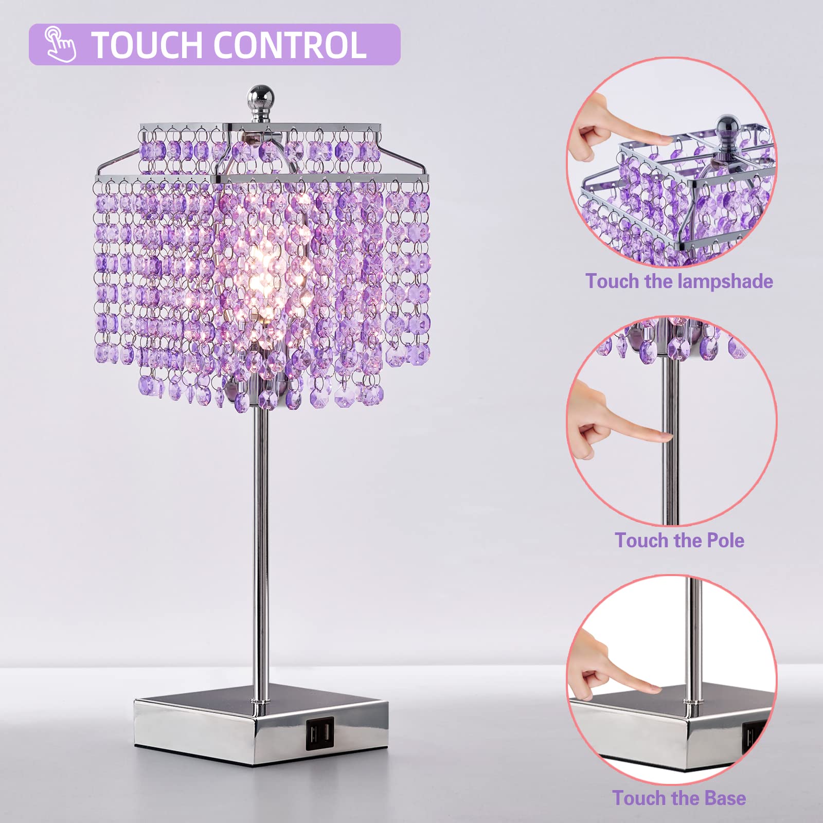 Luvkczc Crystal Table Lamp, Touch Lamp With Usb C+A Ports, 3-Way Dimmable Lamp With Crystal Shade, Purple Nightstand Lamp For Gi