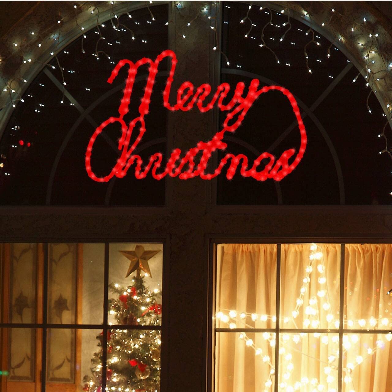 LAMPHOME [Large 24''x13.5'' 180 LED Merry Christmas Neon Motif Super-Bright Red LEDs Outdoor Christmas Decoration with UL Standa