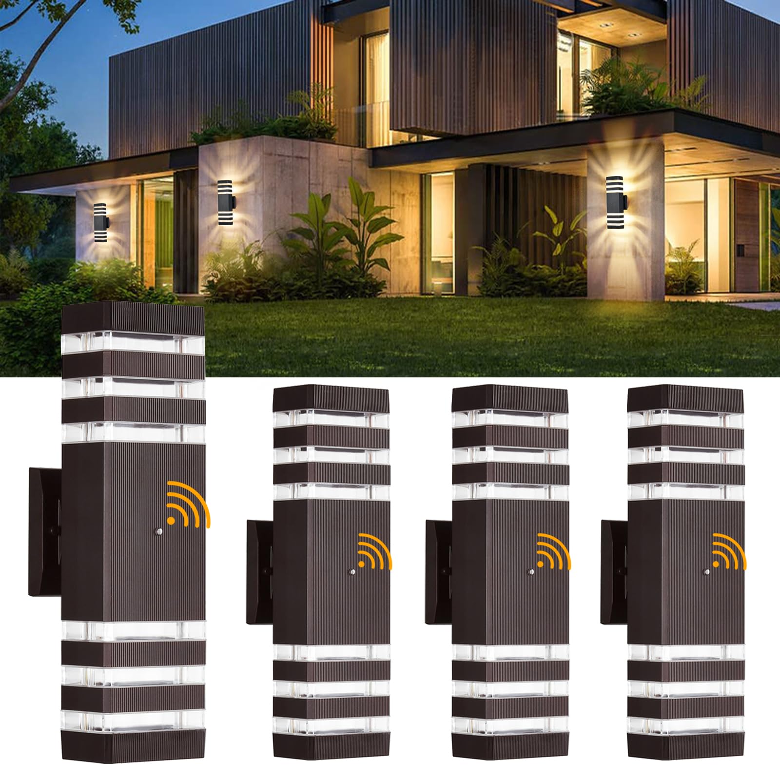 DASTOR 4 Pack Outdoor Wall Light Fixtures, Modern Dusk to Dawn Sconces, Aluminum, Brown, Model DST-240406