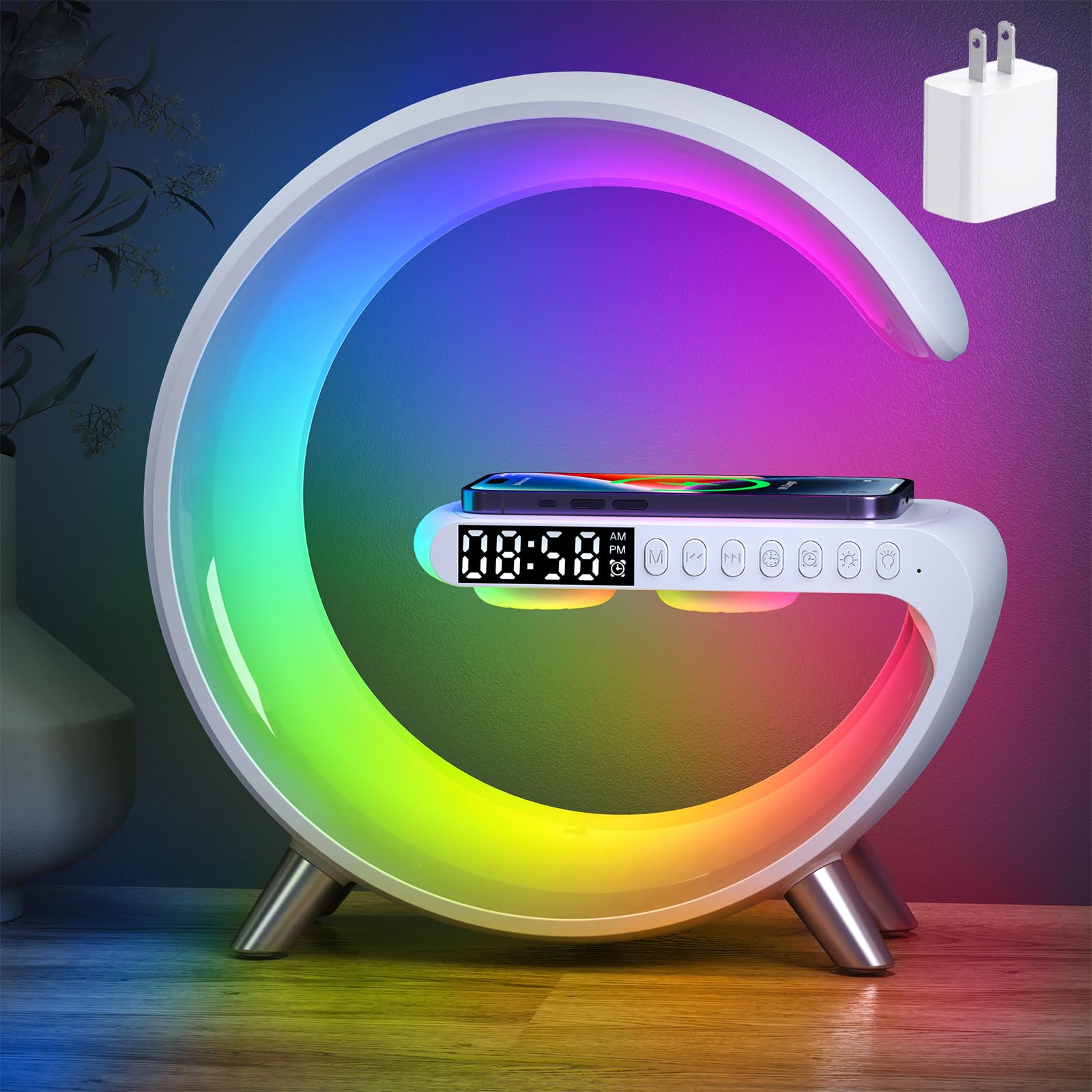 Smart LED Table Bedside Lamp with Bluetooth Speaker & App Control, 15W Fast Wireless Charging Station Dock, Sunrise Alarm Clock,