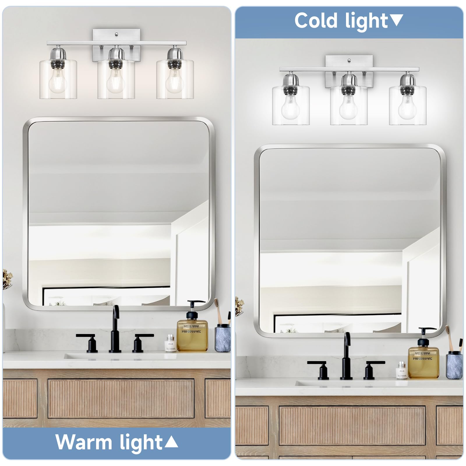 Faishilan Modern Brushed Nickel 3 Light 19 Inch Vanity Lights For Bathroom With Clear Glass  Bathroom Lighting Fixtures Over Mirror For Mirror Kitchen Living Room Hallway Cabinet Porch