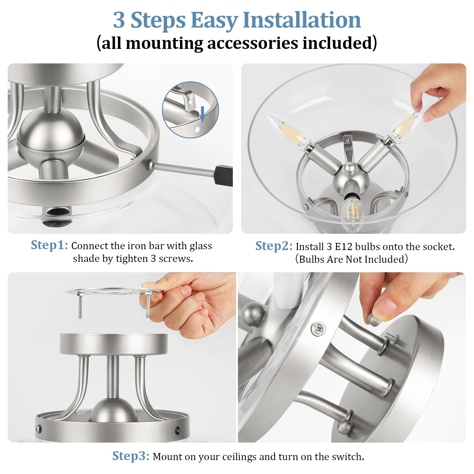 3-Light Semi Flush Mount Ceiling Light Fixture, Modern Industrial Glass Ceiling Light With E12 Base, Metal Semi Flush Ceiling Li