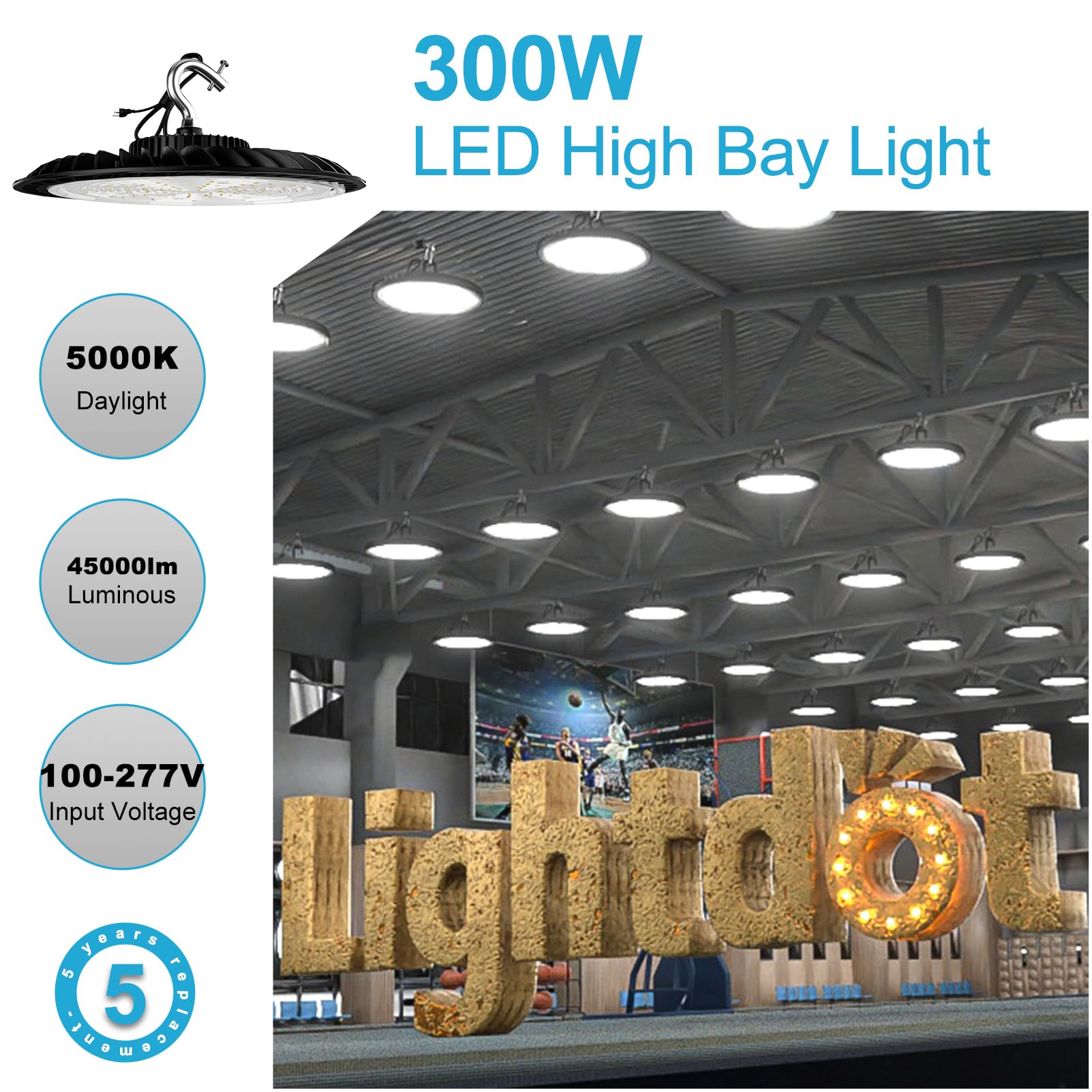 Lightdot 300W Ufo Led High Bay Light 5000K 45000Lm High Bay Led Light, Etl Listed Led Bay Light For Commercial Lighting-6Pack(Co