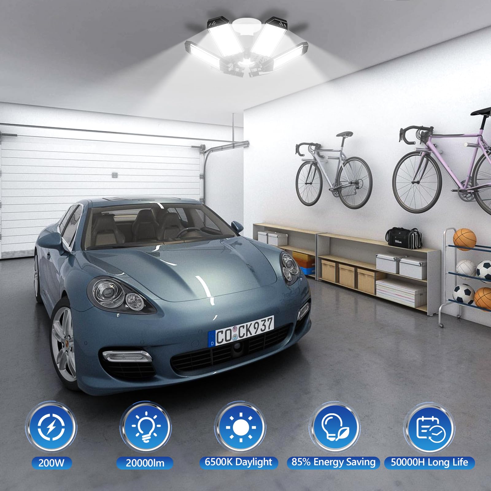 Xinghuanlit Garage Lighting 4 Pack - 200W 20000Lm 6500K Led Garage Lights With 6+1 Adjustable Panel Screw In E26/E27 Bulb Socket