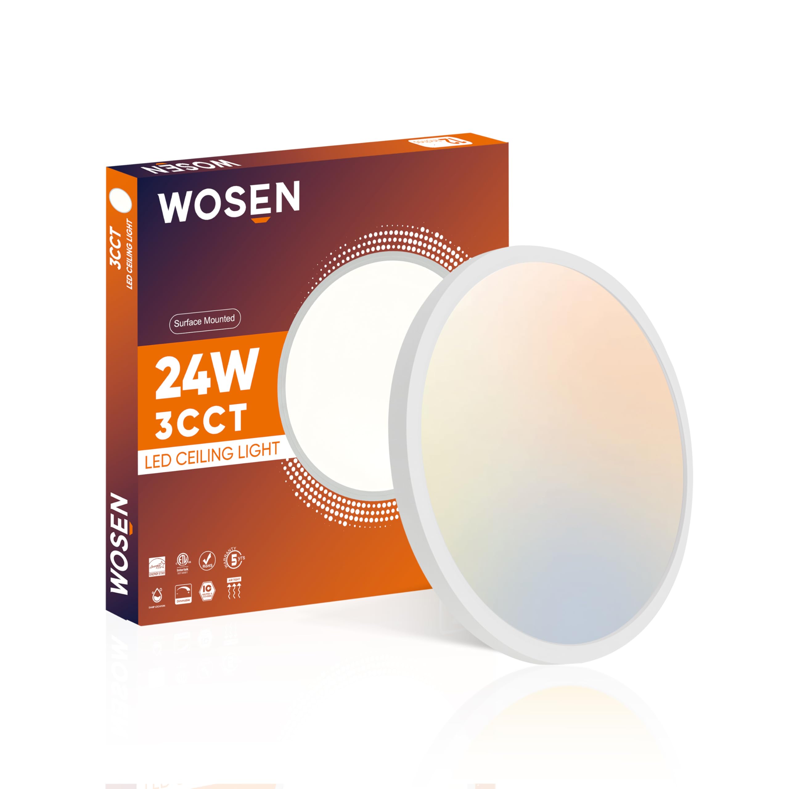 Wosen 1 Pack 12 Inch Led Flush Mount Ceiling Light, 24W 2400Lm Ultra-Slim Light Fixture, 3000K/4000K/6000K Color Temperature, Ro