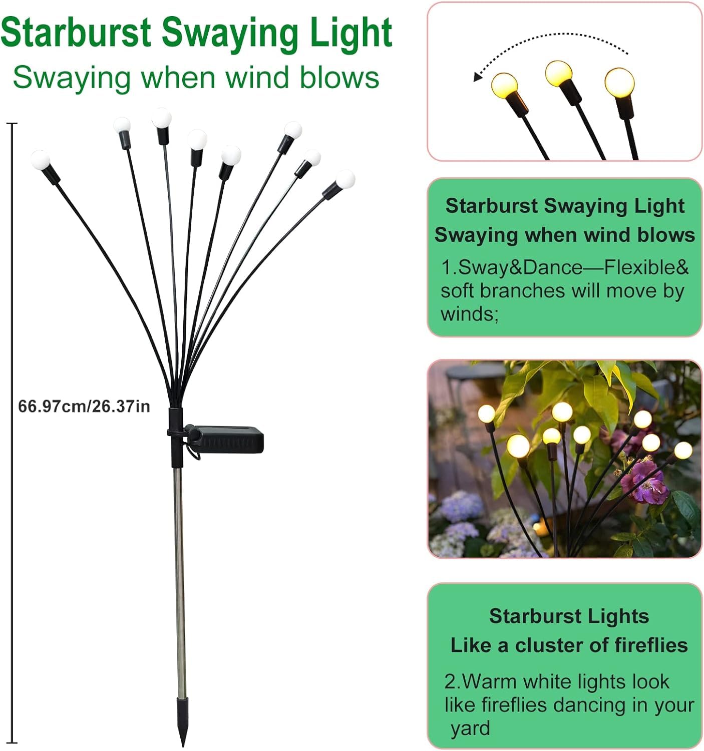 Kohlrabi Solar Garden Lights, 2 Pack, 20 LED, Waterproof, Warm White, Swaying Light for Yard and Patio Decoration