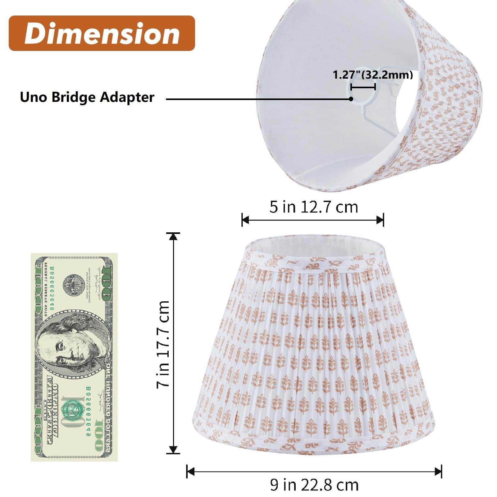 JIAOGEPENGYOU Brown Floral Drum Lamp Shade - 5" Top, 9" Bottom, 7" Slant Height, Uno Fitter, Fabric, Model: Pleated-uno