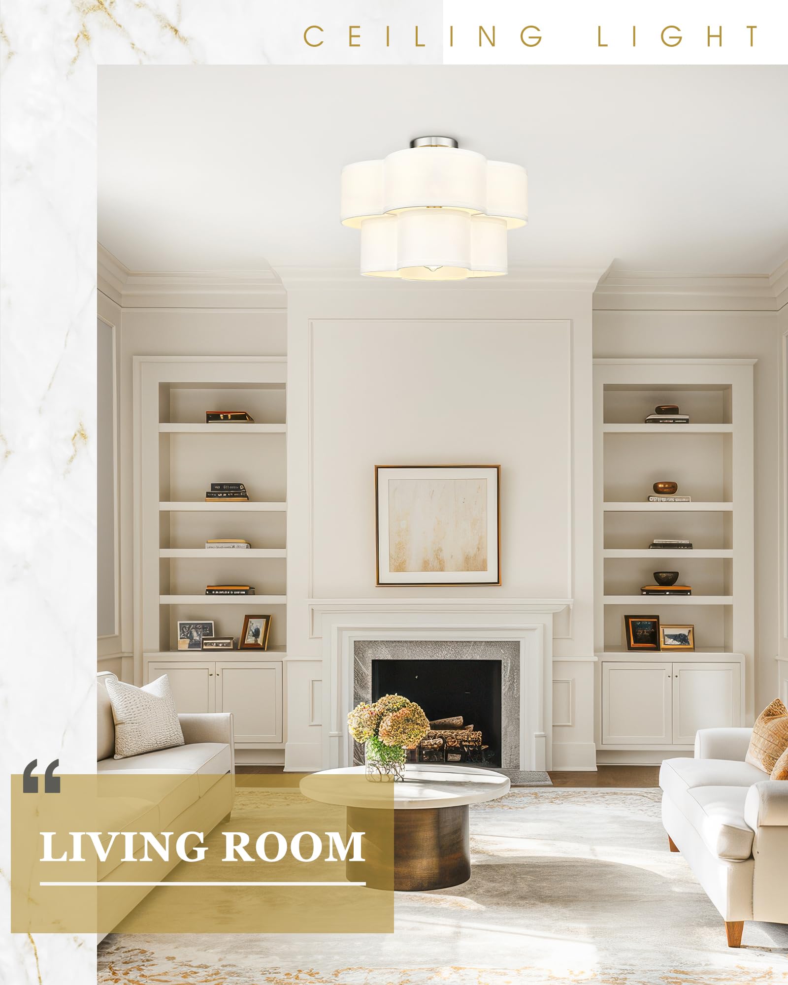 Audickic Semi Flush Mount Ceiling Lights, 5-Light 18'' Ceiling Light Fixtures With Double Fabric Drum Shade In Quatrefoil Shape,