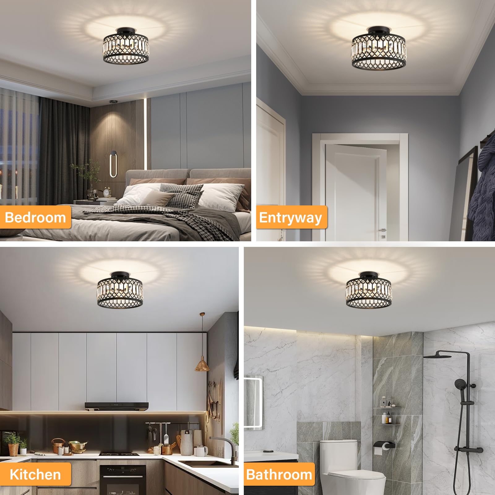 Yurnyq Crystal Ceiling Light Fixture, Modern Semi Flush Mount Ceiling Light, Black Lighting Fixtures Lamp For Hallway, Kitchen,
