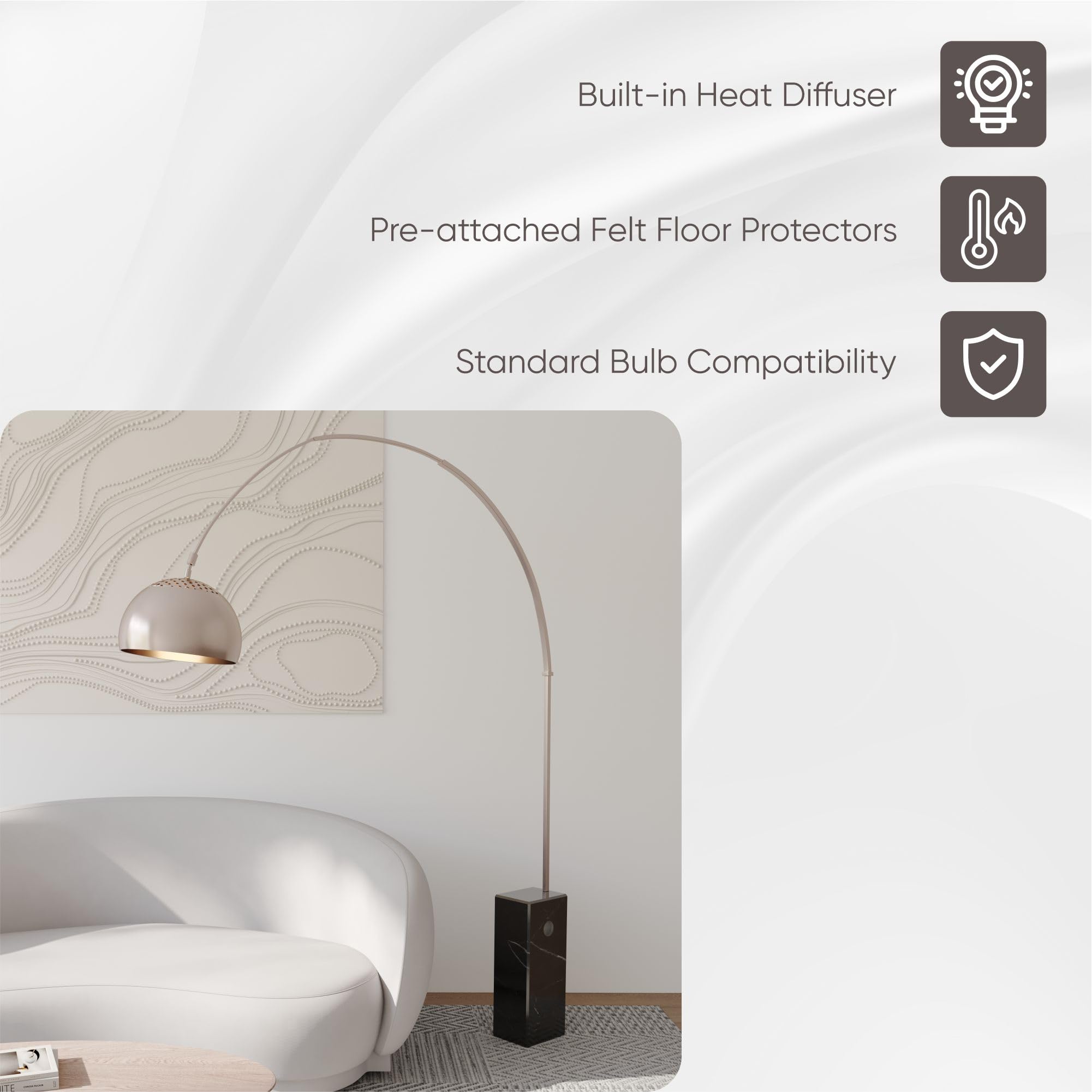 LeisureMod Floor Lamp - Italian Marble Base, Brushed Stainless Steel, 96"H, Black, Model AL22W, Ideal for Modern Home & Office