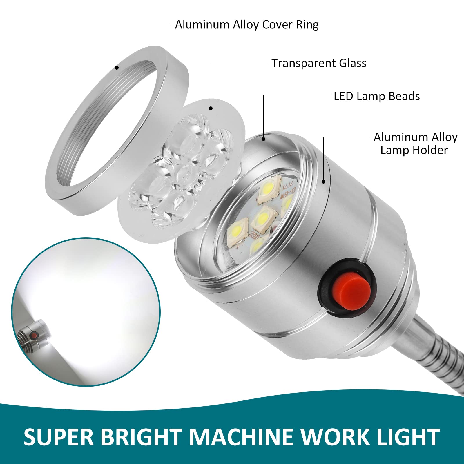 Magnetic Work Light, Led Machine Light With Flexible Gooseneck And Magnetic Base, Shop Tool Lamp For Lathe, Work Bench, Sewing Machine, Grill, Desk, Industrial Lighting Silver