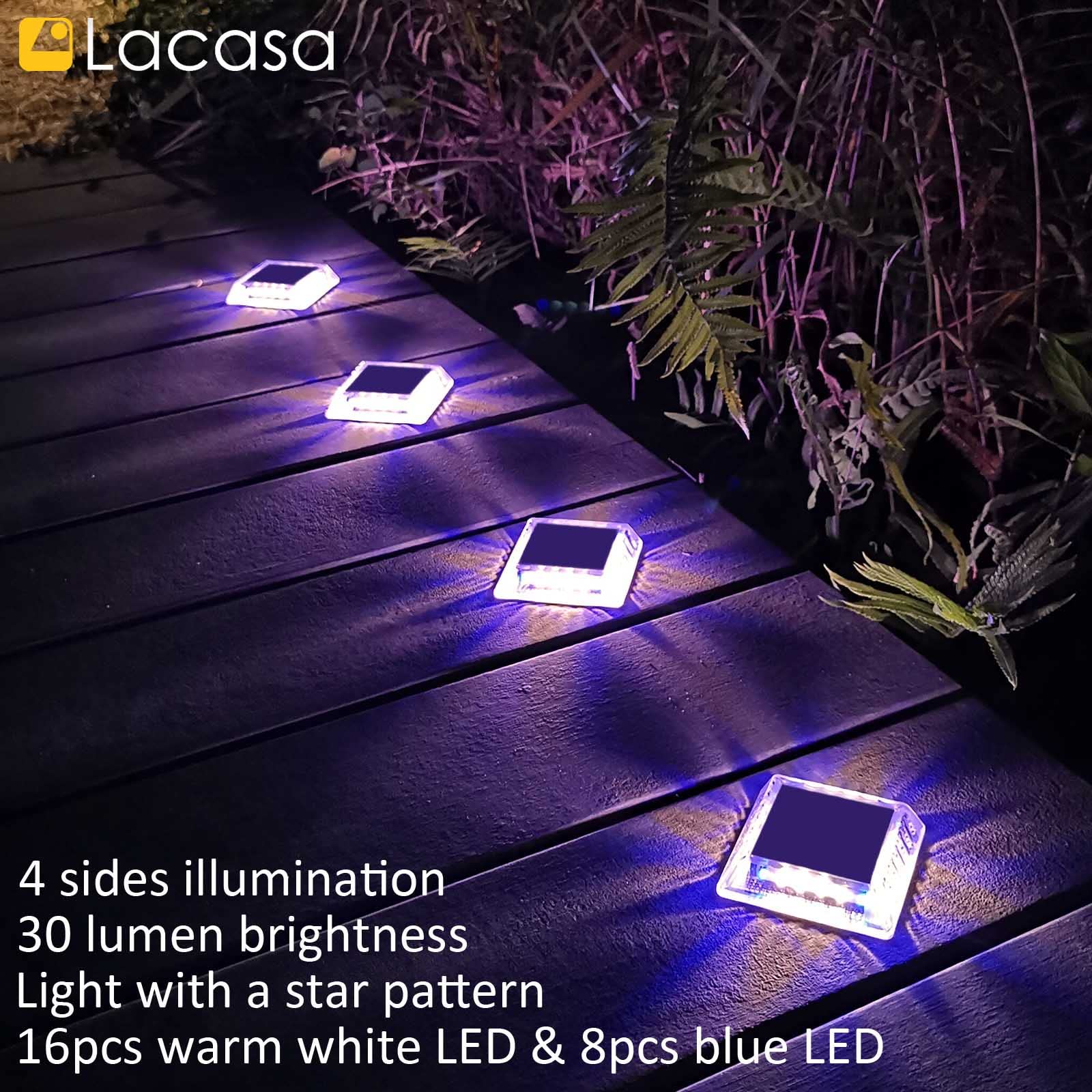 Lacasa Solar Deck Lights, 4 Pack 30Lm Led Dock Lights Outdoor Solar Powered Step Lights Ip68 Waterproof Auto On/Off For Garden S