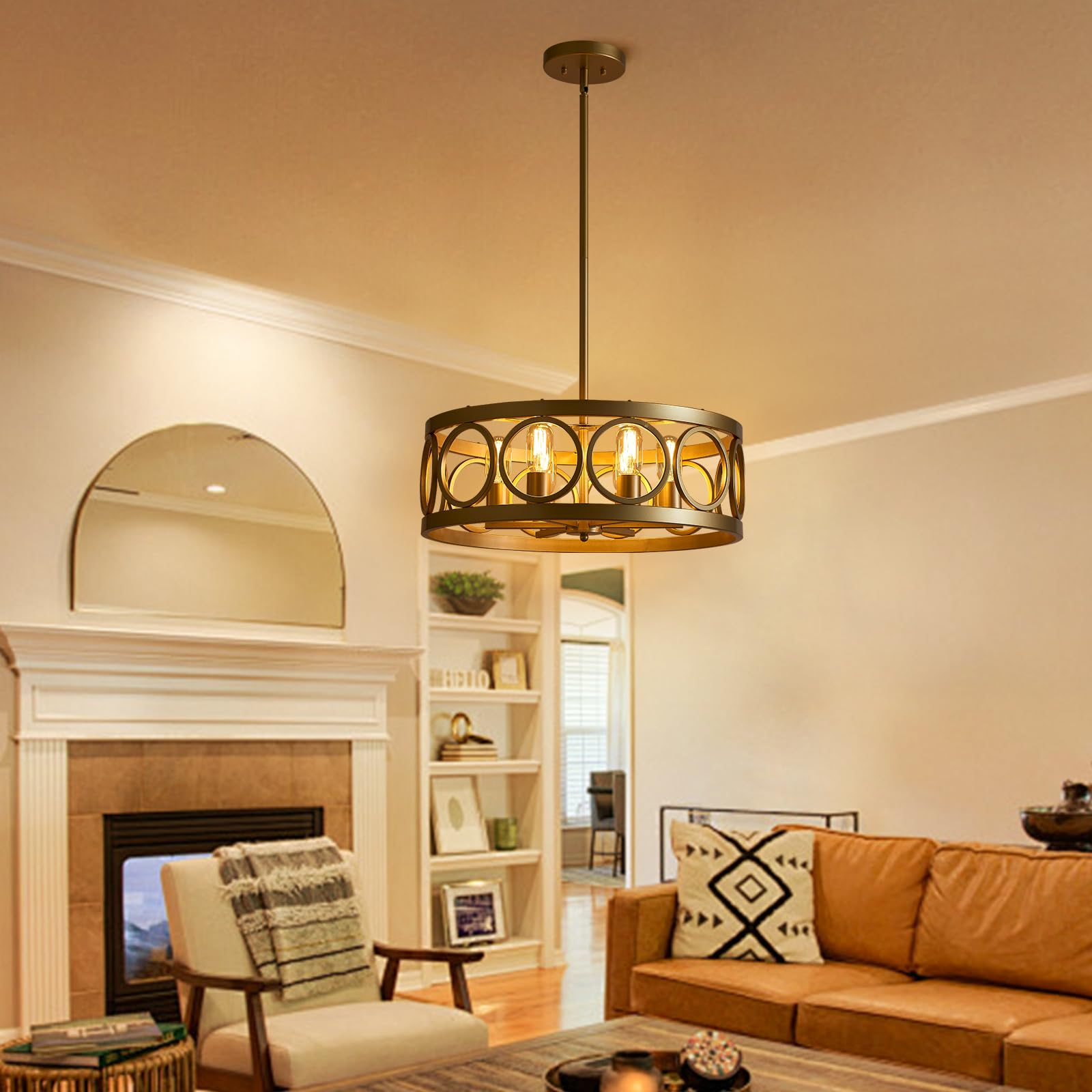 Peskoe Gold Dining Room Light Fixture Drum Chandeliers, 6-Light Modern Light Fixtures For Living Room Kitchen Entryway Bedroom F