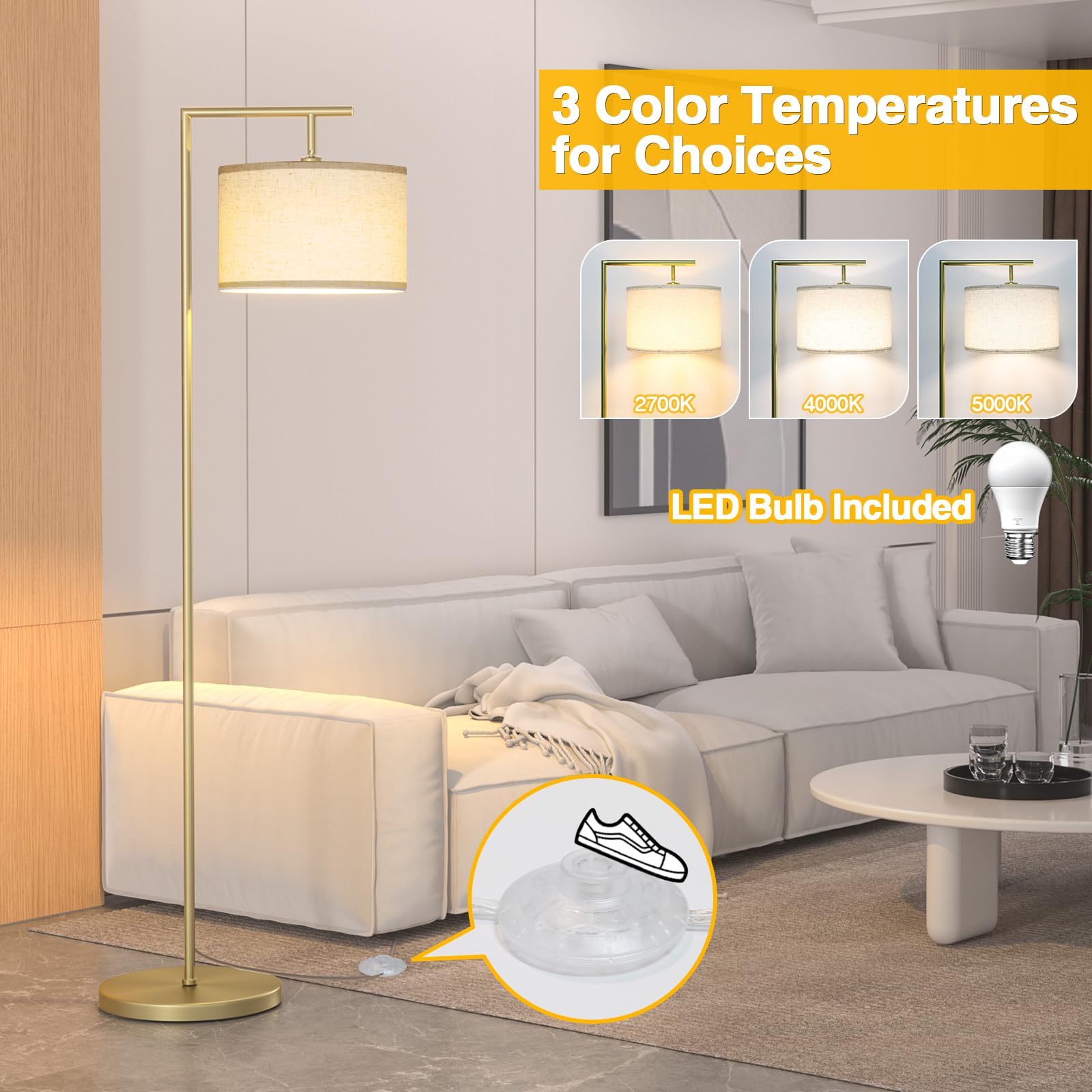 Cnxin Floor Lamp For Living Room With 3 Color Temperatures Standing Lamp With Adjustable Beige Linen Lampshade Tall Lamps For Bedroom Office Classroom Dorm Room, 9W Led Bulb Included, Gold