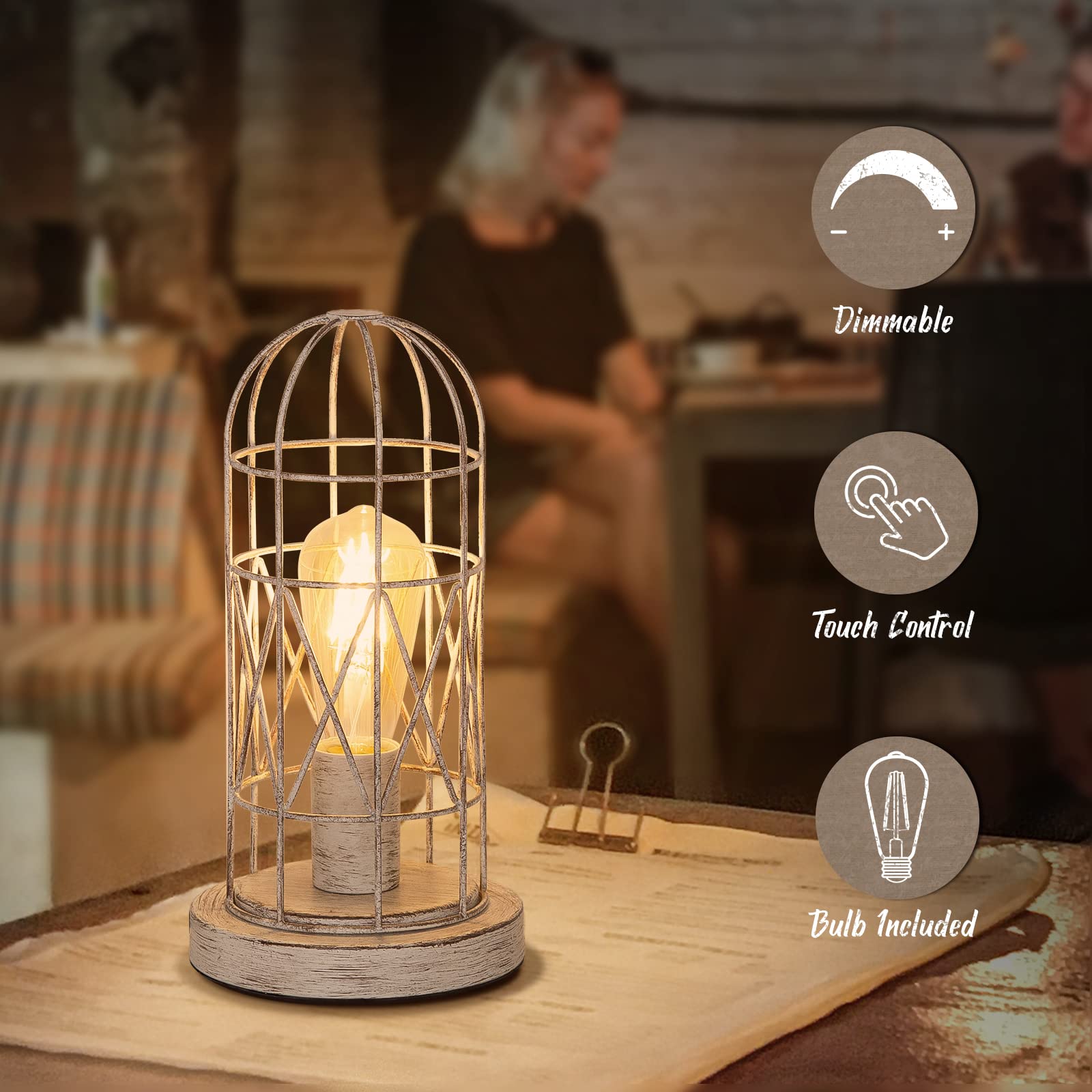 Seaside Village Touch Control Table Lamp, 3-Way Dimmable, Brushed White Oak, Model 32247, LED Bulb Included